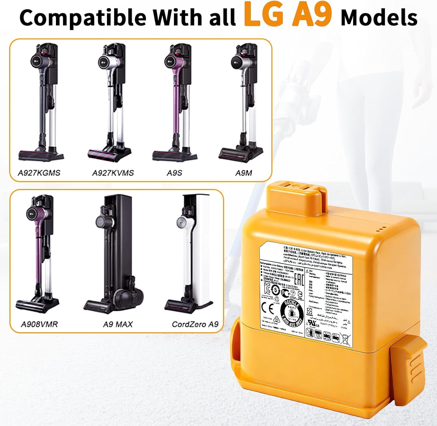 3000mAh for LG CordZero A9 Battery Compatible with A9S A9N A9M A9MAX A9MULTI A958 A958S A958SA A905M A907GMS A927 A929KVM A916 A905RM A908MVR, Part No. EAC63382208