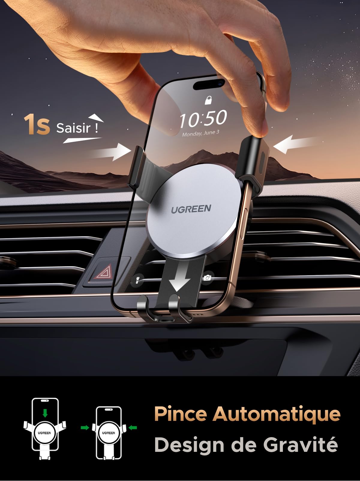 UGREEN Support Téléphone Voiture Gravité Grille Aération Porte Smartphone Voiture Ventilation Accroche Téléphone Auto Compatible avec iPhone 17 Pro Max Air 16 15 14 Galaxy S25 Ultra S24 (Gris) - 3