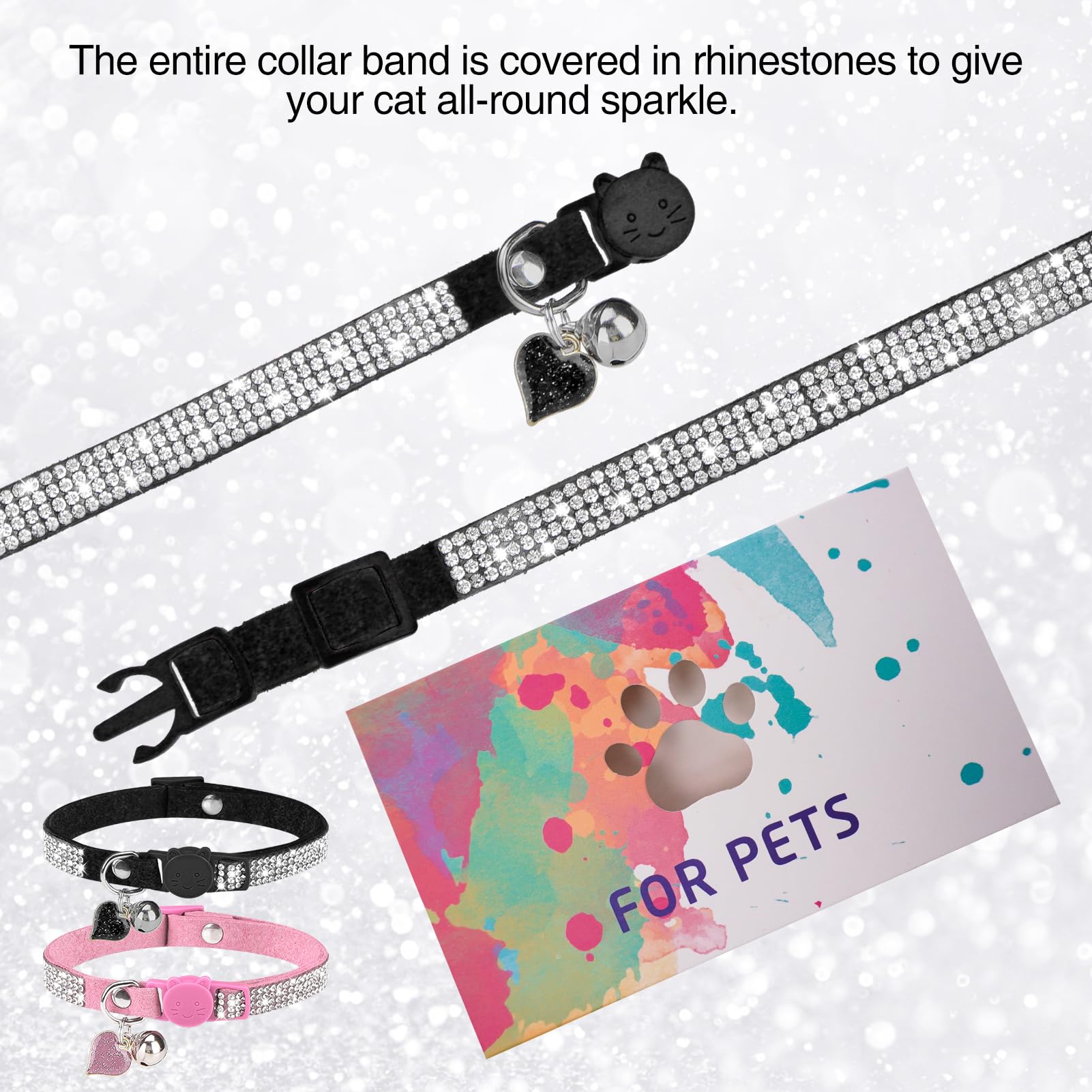 Collar de gato de diamantes de imitación con campana, collar de gato de diamante con hebilla de seguridad de liberación rápida para niñas, niños, gatitos pequeños, mascotas, cachorros