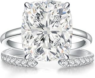 AVECON 5CT Elongated Cushion Cut Cubic Zirconia Engagement Ring Set - Adjustable White Gold Plated Stackable Bridal Bands Size 5-9