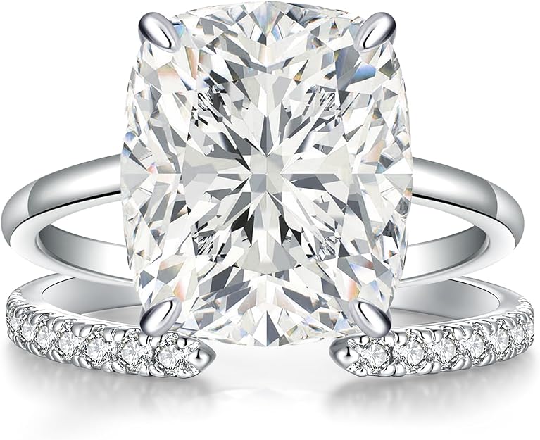 AVECON 3CT/5CT Elongated Cushion Cut Engagement Ring Set for Women, Wedding Promise Cubic Zirconia Band, 14K Gold/White Gold Plated Stackable Adjustable Bridal Half Eternity Open Rings, Size 5-9