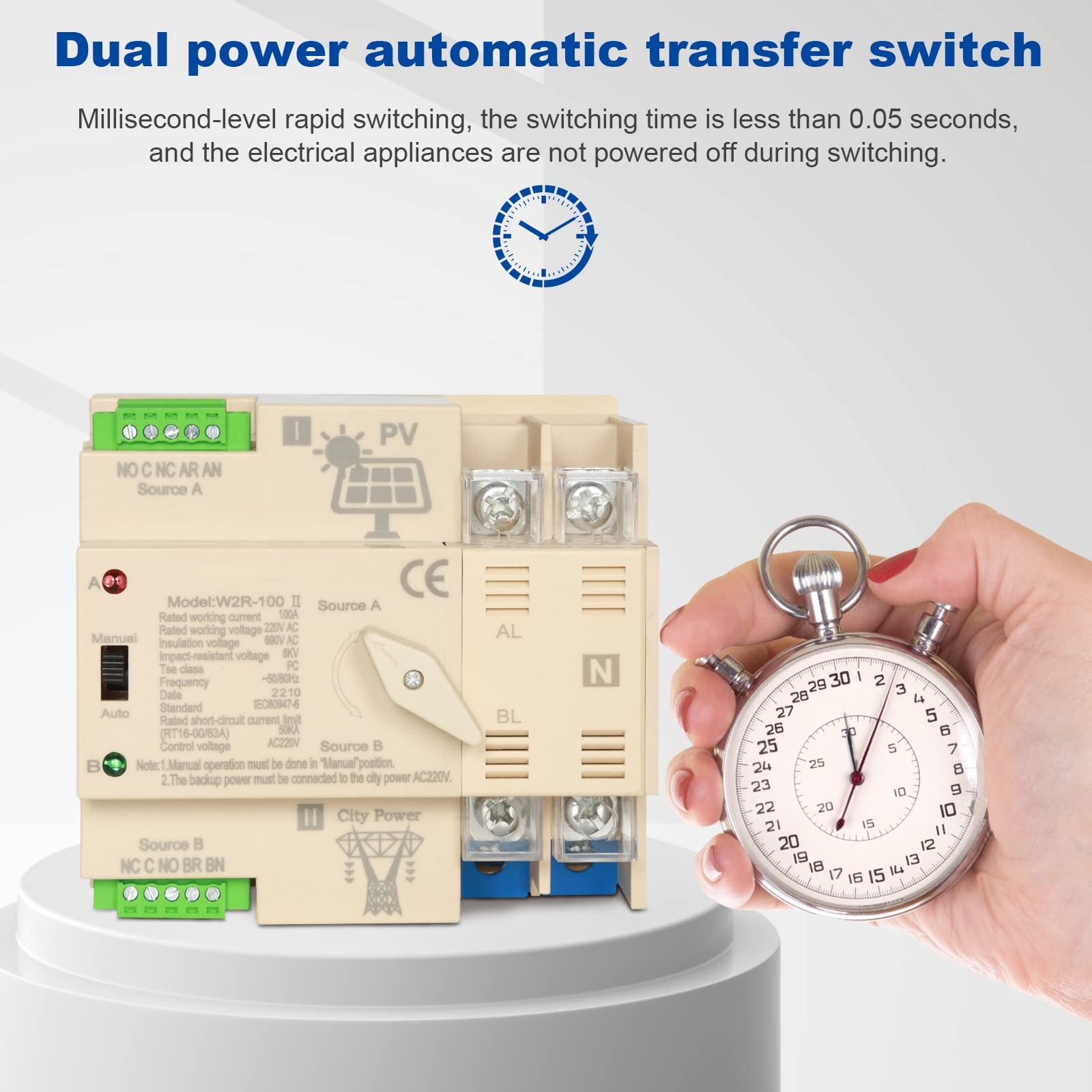 DEWIN Automatischer Transferschalter, Dual Power Automatischer Transferschalter ATS Elektrischer Wahlschalter für PV Anlage Hutschiene Montage 2P 100A AC 220V