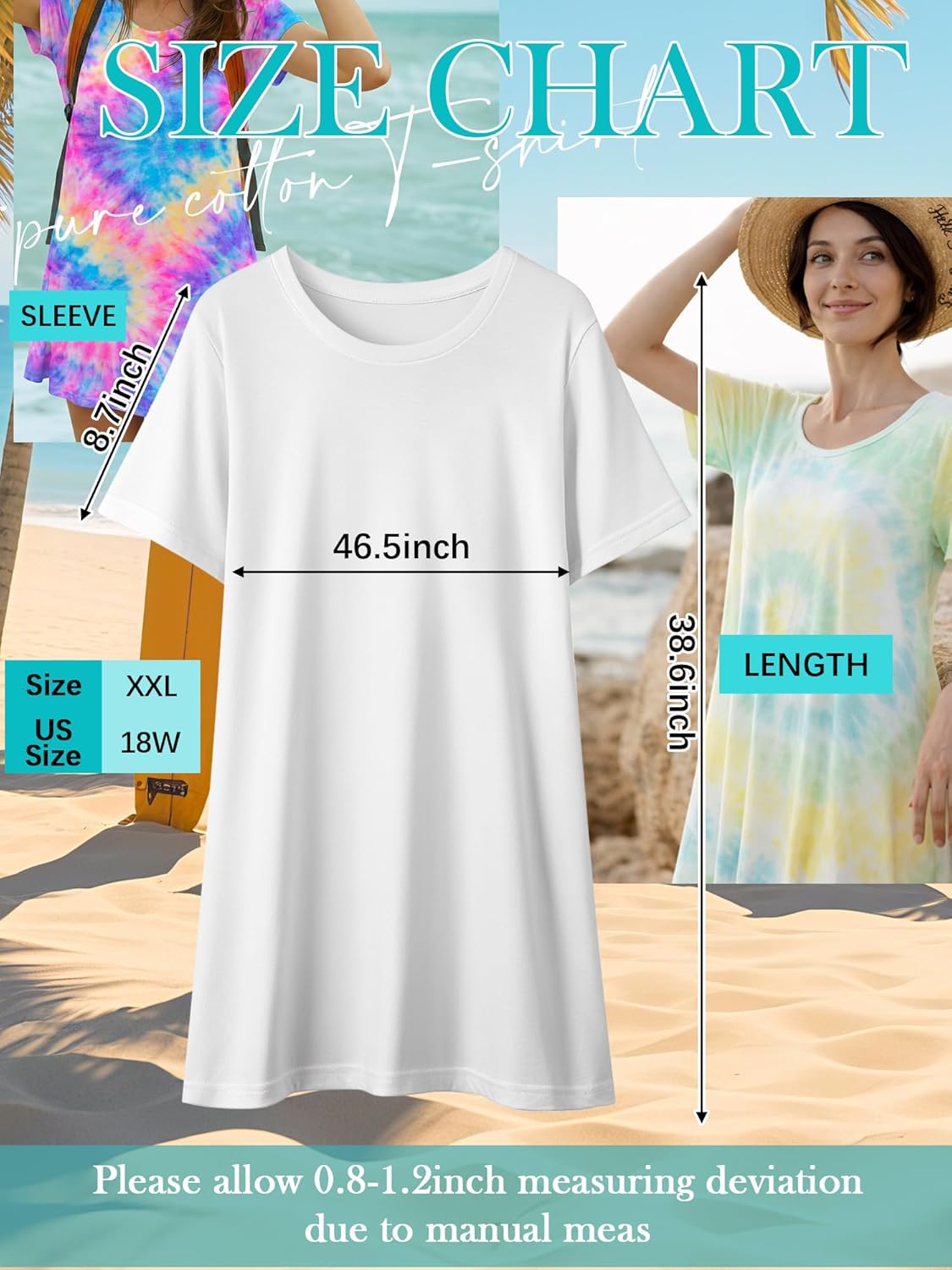 Silkfly 3 Pcs Tie Dye Dress Kit for Women Plus Size, Beach White Cotton T-Shirt for DIY, Loose Fit Summer Casual Dress (XXX-Large)