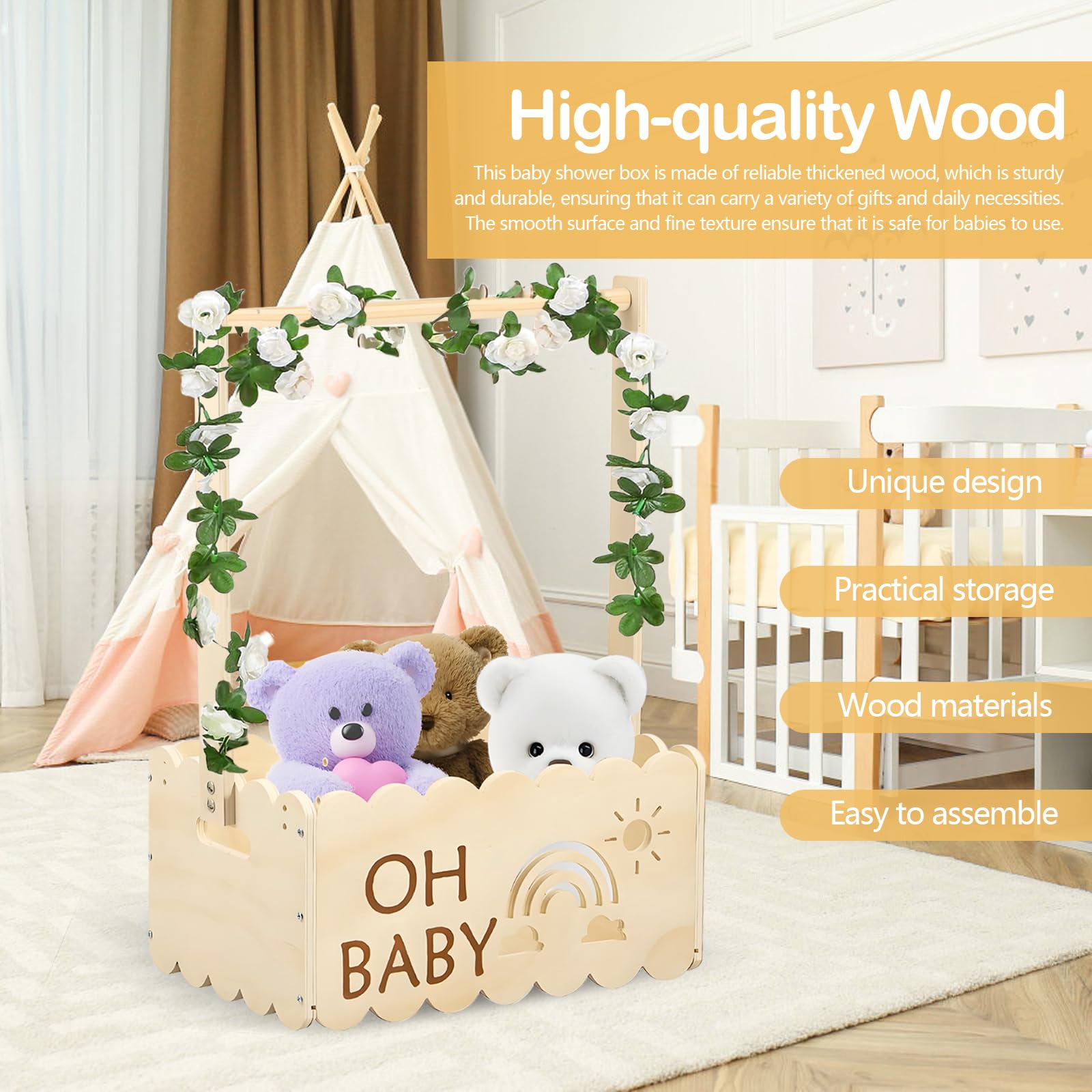 Cestino Regalo In Legno Per Neonato Con Maniglia, Scatola Portaoggetti Per Baby Shower, Armadietto Multifunzionale Da 34x22,8x17,5 Cm