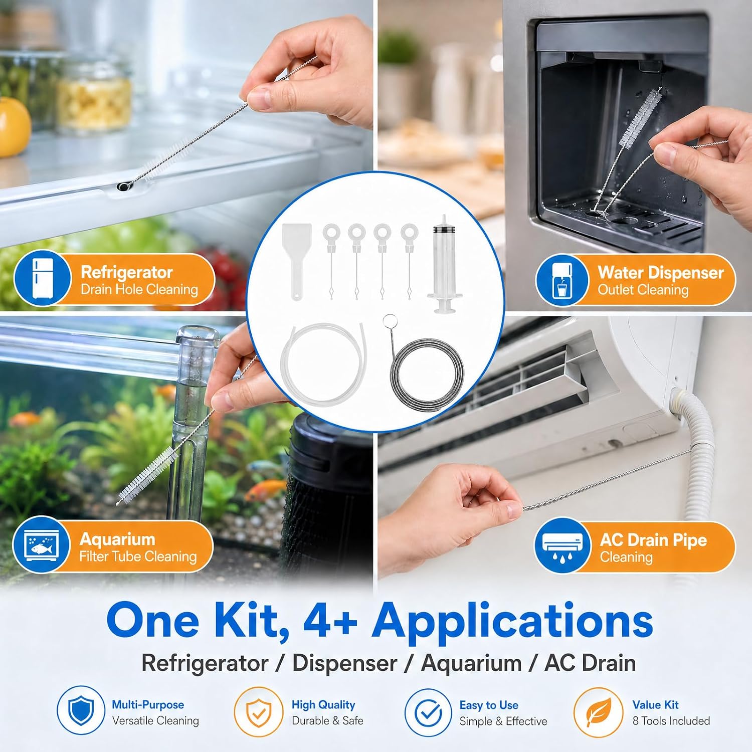 9 Pcs Refrigerator Water Line Cleaning Kit – 47 inch Flexible Drain Brush, Unclog Fridge & Ice Maker in 30 Sec, Reusable Pipe Cleaner Tool for Ice Dispenser, Sink, AC Drain Line – DIY Save $200+ (9)