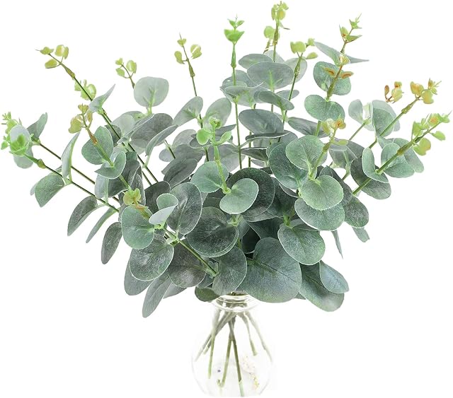 Hjyokuso 20Pcs Artificial Eucalyptus Leaves Faux Greenery Stems Fake Dried Silver Dollar, Plastic Plants for Holiday Greens, Party, Wedding, Garden, Home, Office, Outdoor & Indoor Decor (Grey Green)