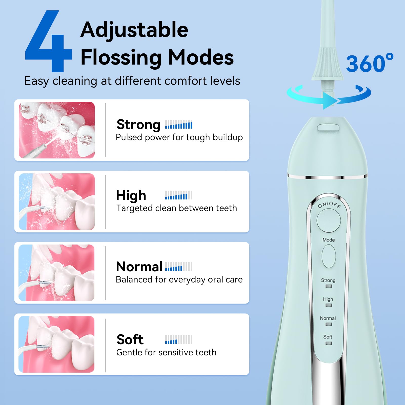 Kabellose Zahnseide, 300 ml, wiederaufladbar, tragbar, mit 4 Modi und 5 Strahlspitzen, IPX7 wasserdicht, Zahnstocher für Zahnspangenpflege, Zuhause und Reisen, Grün