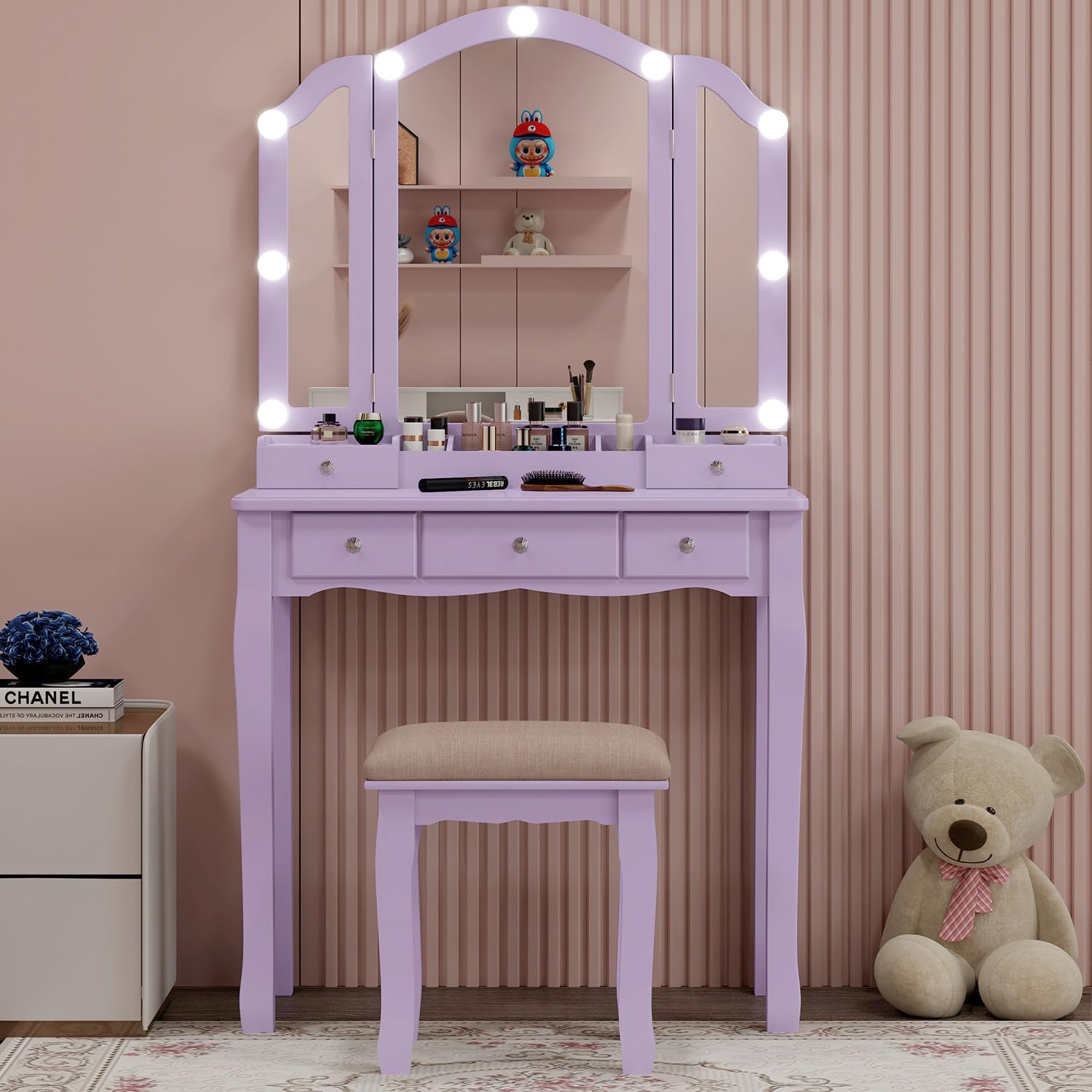 Longtesun Purple Vanity Desk with Mirror and Lights Purple Vanity for Girls Makeup Vanity Desk with Lights Vanity Table with Lighted Mirror Make Up