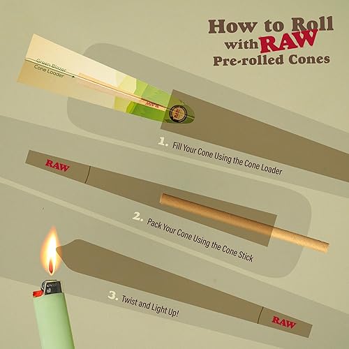 Miniatura 7 de RAW Cones Organic 1-14 Paquete de 50 papeles de liar y puntas de cono preenrollados RAWAuthentic de 3.307 in, cargador de preroll Green Blazer