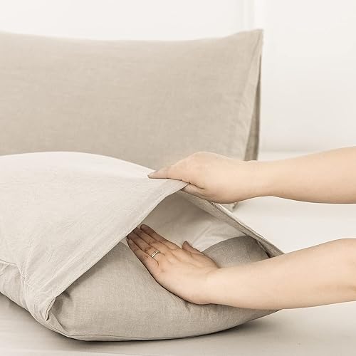 Miniatura 4 de MooMee Fundas de almohada de 100% algodón lavado con textura similar al lino transpirable duradero suave cómodo (gris crema, Queen)