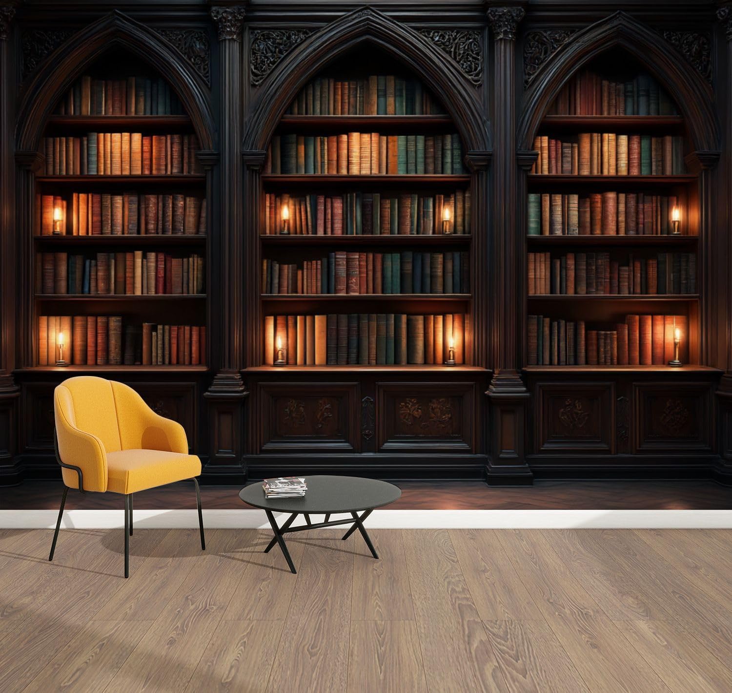 Peel & Stick Wallpaper Vintage Bookshelf Library Bookshelf Wooden Bookshelves Lit Candles Renter Friendly Wall Mural Self Adhesive Wall Decals for Boys Girls Bedroom Apartment Decor 100"x144"