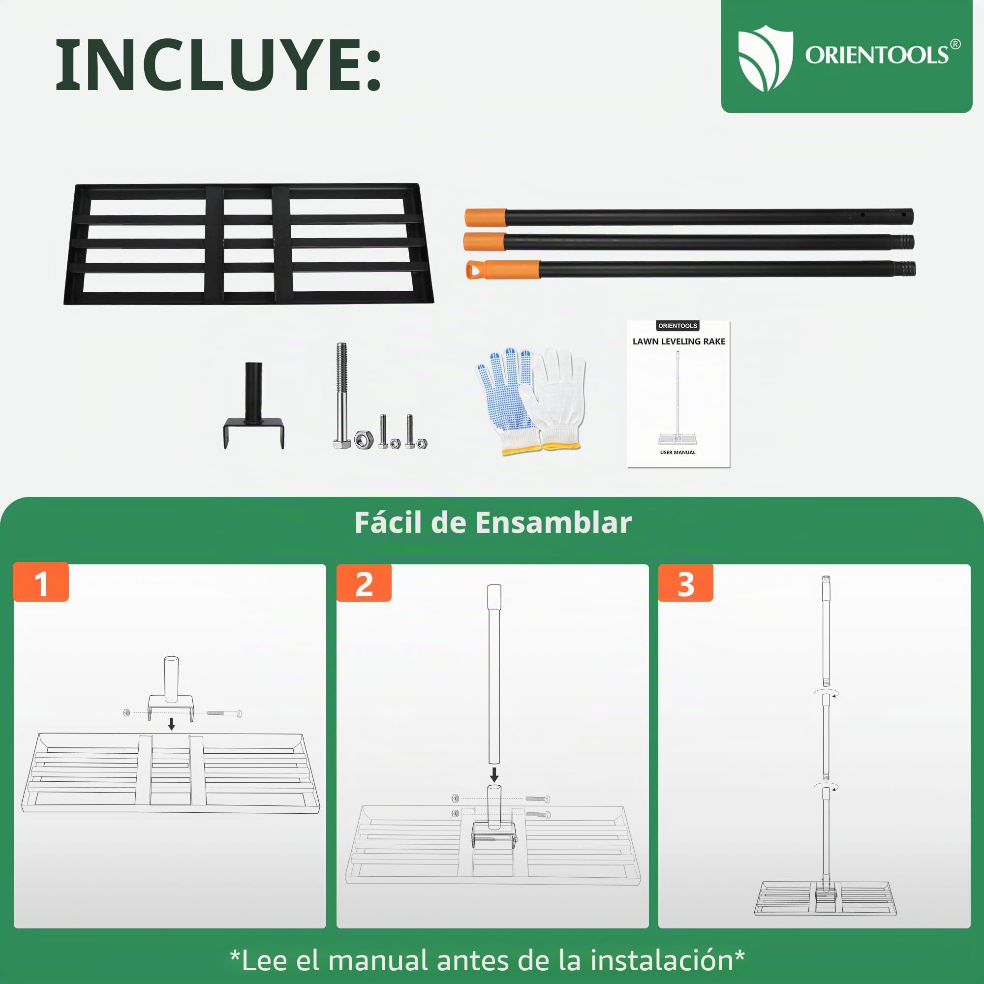 ORIENTOOLS Rastrillo nivelador de césped, 44 cm de ancho x 206 cm de alto, negro, 4,9 kg