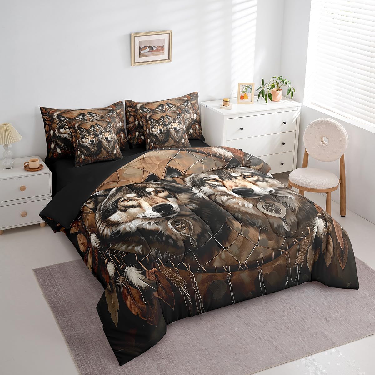 Erosebridal Boho Wolf Queen Comforter Set 7 Piece for Kids Teens Adults,Tribal Ethnic Wildlife Bed in a Bag with Sheet Set,Couple Wolves Wild Safari Animal Bed Sheets,Exotic Dreamcatcher Bedding Set