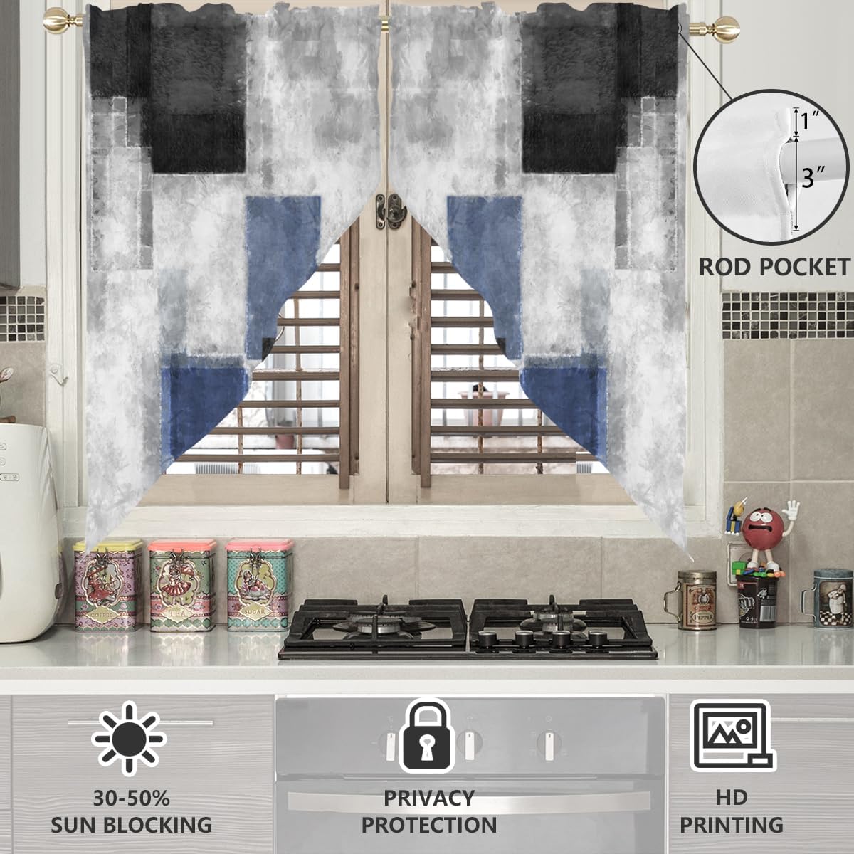 AAtter Navy Blue Kitchen Swags for Boy, Abstract, 28" W x 36" L, 2 Panels