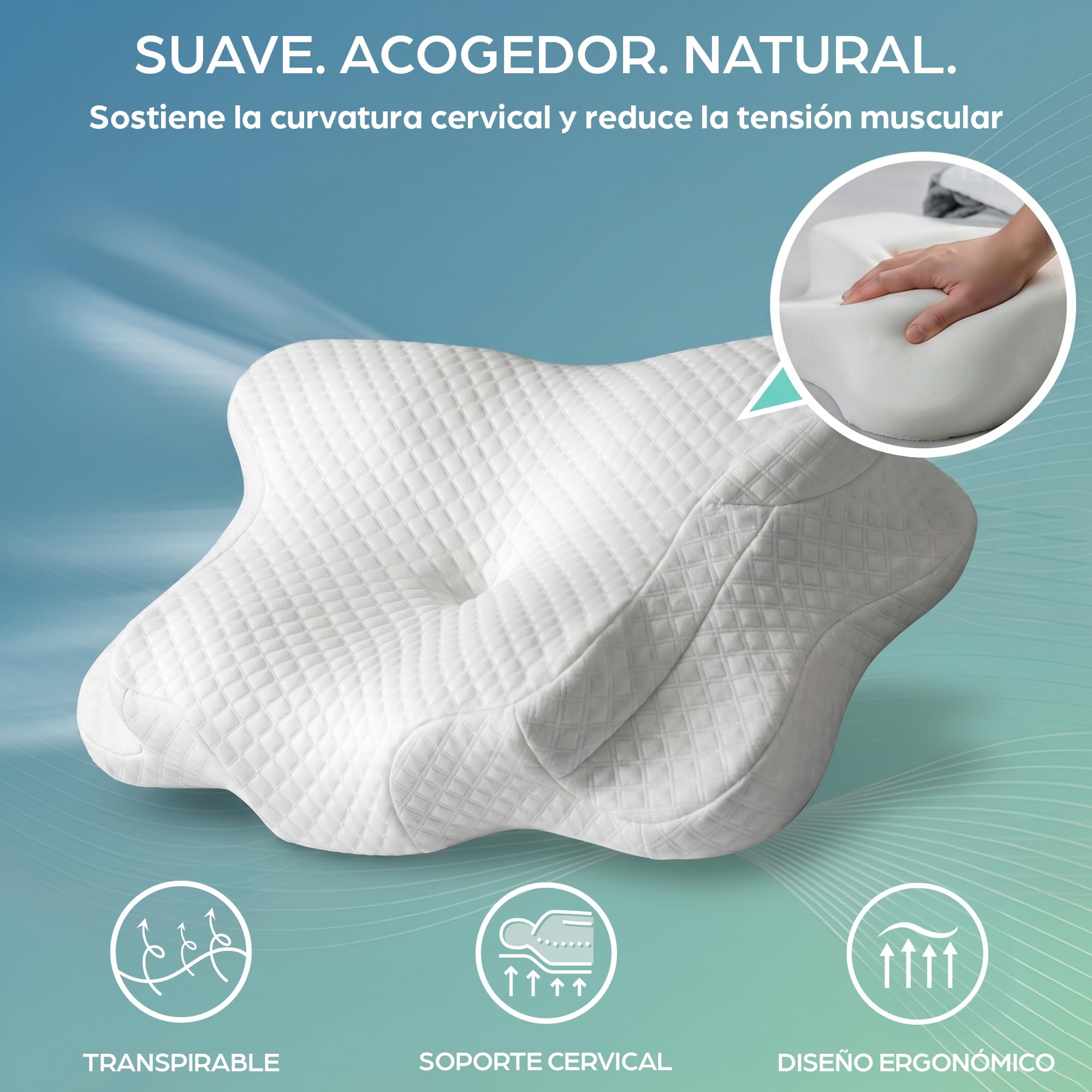 Flowen Almohada Cervical y Cuello Espuma Viscoelástica | Almohadas Cervicales Ergonómica para Dormir de Lado | Cojín Antironquidos Soporte Nuca Hombro | Dolores de Cuello | Funda Lavable Transpirable