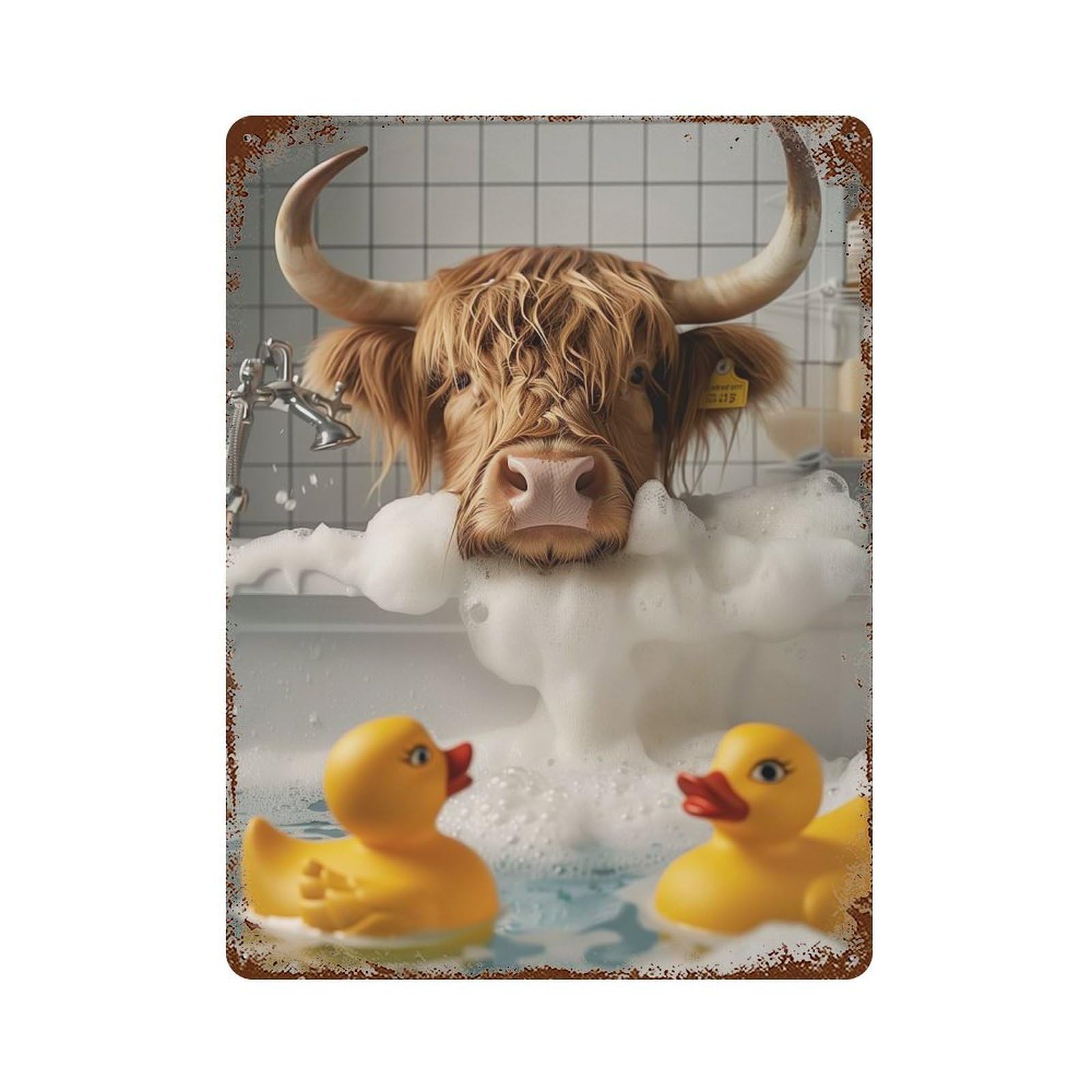 Garage Style Highland Cow on Bathtub Distressed Metal Wall Sign 15.7"x11.8", Rustic Home Decor for Bar And Workshop