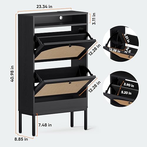 Miniatura 2 de Gabinete de almacenamiento estrecho de zapatos con 2 cajones abatibles, estante delgado para almacenamiento de zapatos con estación de carga para