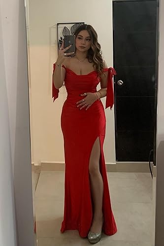 Miniatura 3 de Vestidos de baile de graduación con abertura, largo, de satén, con hombros descubiertos, vestido de noche formal de sirena para mujer, vestidos de