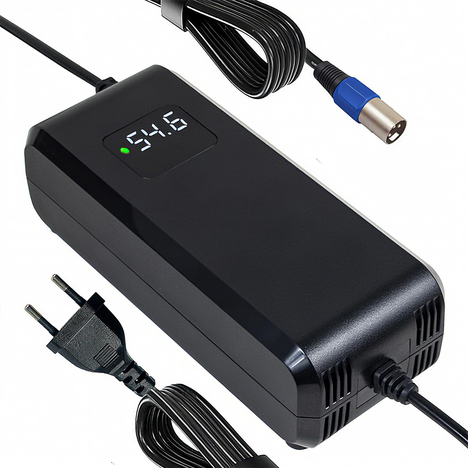 Chargeur 54,6V 4A pour Trottinette électrique Batterie Lithium 48V | Compatible vélos électriques, connecteur XLR mâle 18mm, protections sécurité, ventilateur & écran affichage tension.