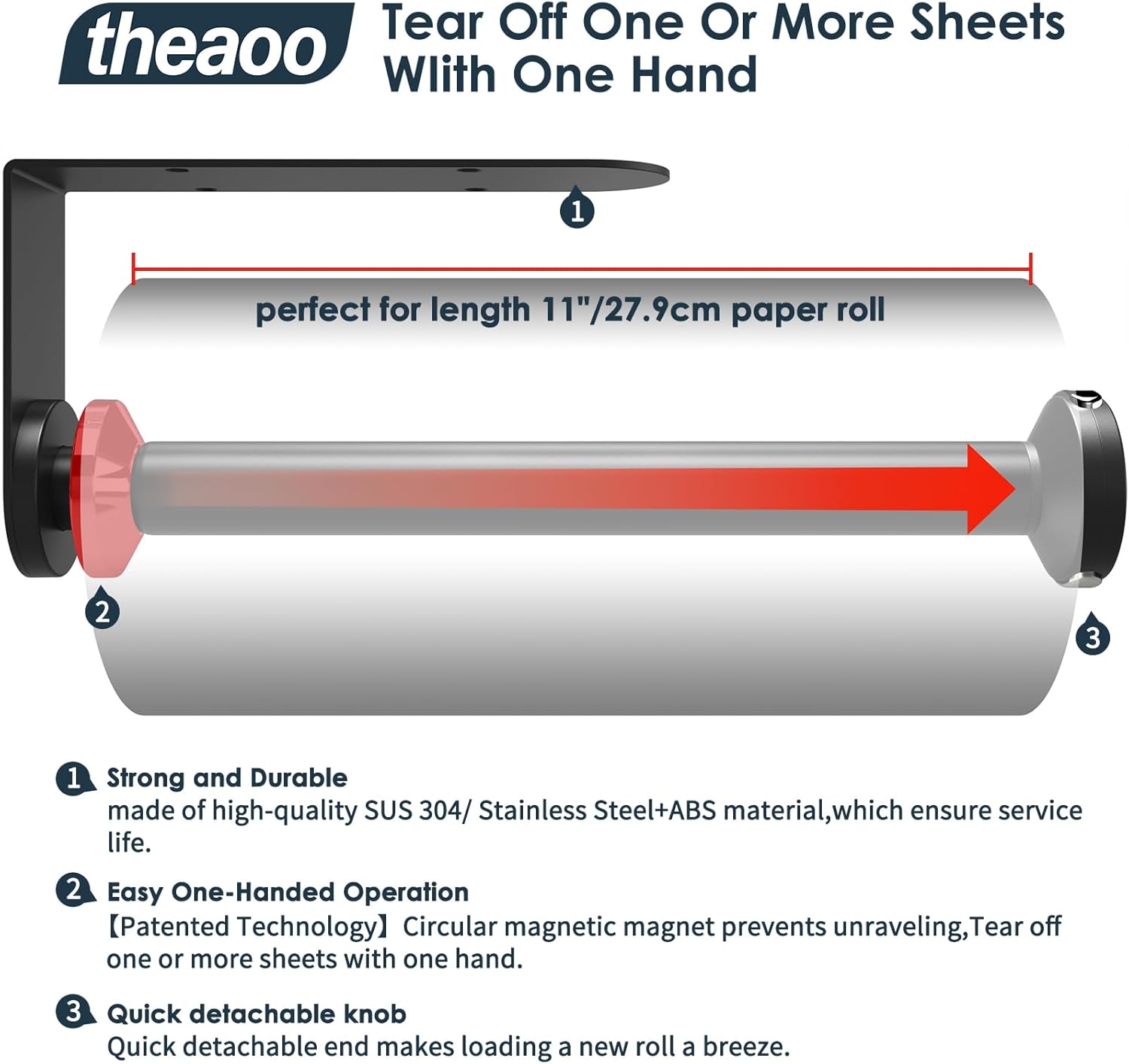 theaoo Paper Towel Holder Under Cabinet, One-Handed Tear Wall Mount Paper Towel Holder Dispenser with Damping Function for Kitchen Organization, Stainless Steel, Self-Adhesive or Drill mounting,Silver