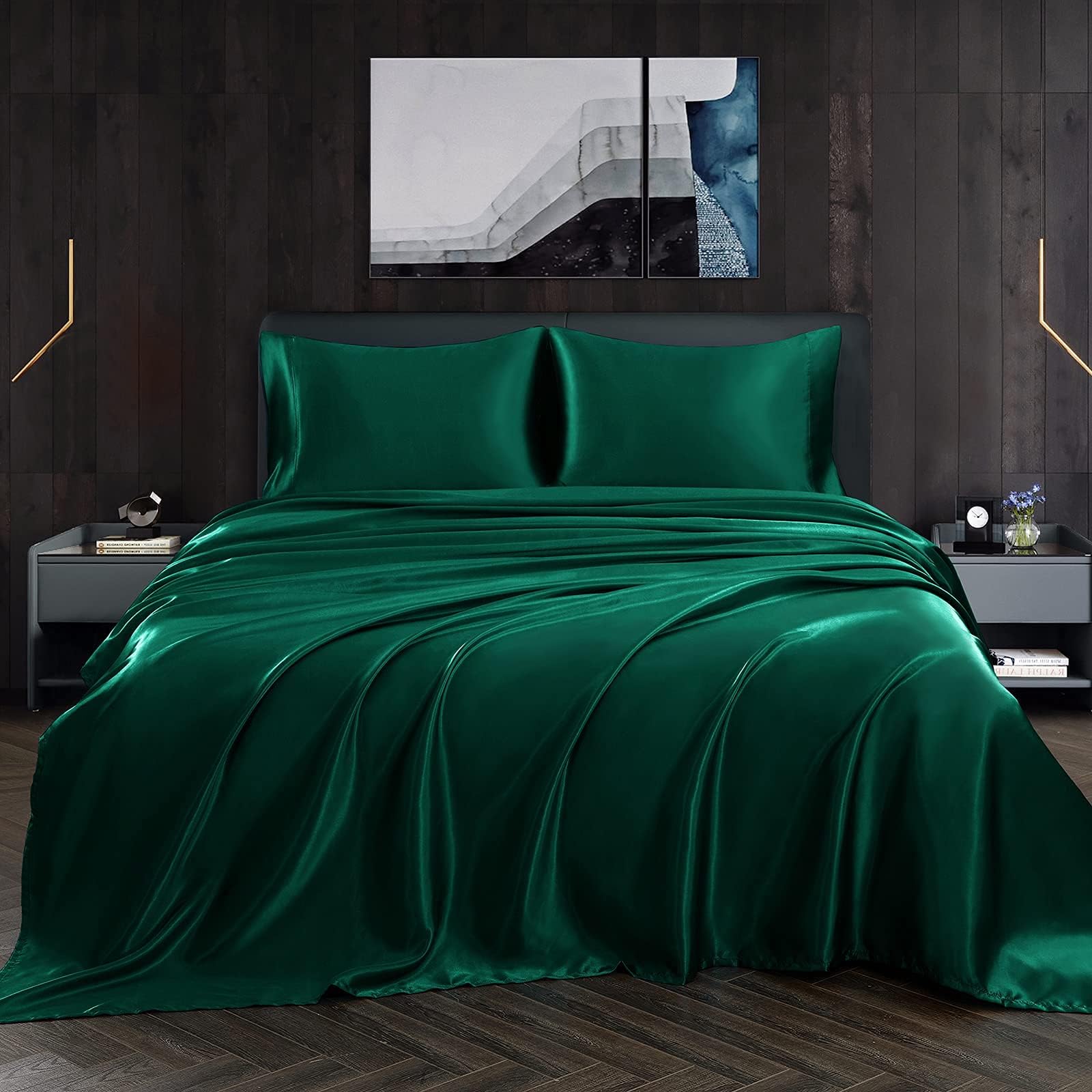 Homiest 4pcs Satin Sheets Set Luxury Silky Satin Bedding Set with Deep Pocket, 1 Fitted Sheet + 1 Flat Sheet + 2 Pillowcases (Cal King Size, Blackish Green)