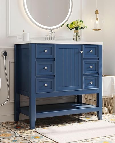 Miniatura 3 de P PURLOVE Tocador de baño de 36 pulgadas con fregadero individual y puertas de cierre suave moderno armario de baño con estante de almacenamiento