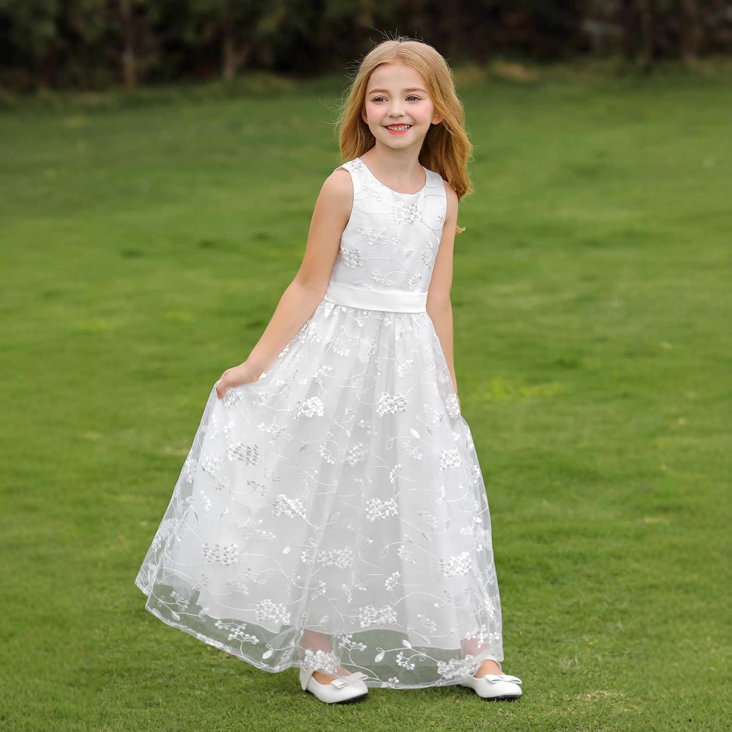 Odizli Prima Comunione Abito Ragazza Senza Maniche Pizzo Floreale Ricamo Matrimonio Lungo Vestito