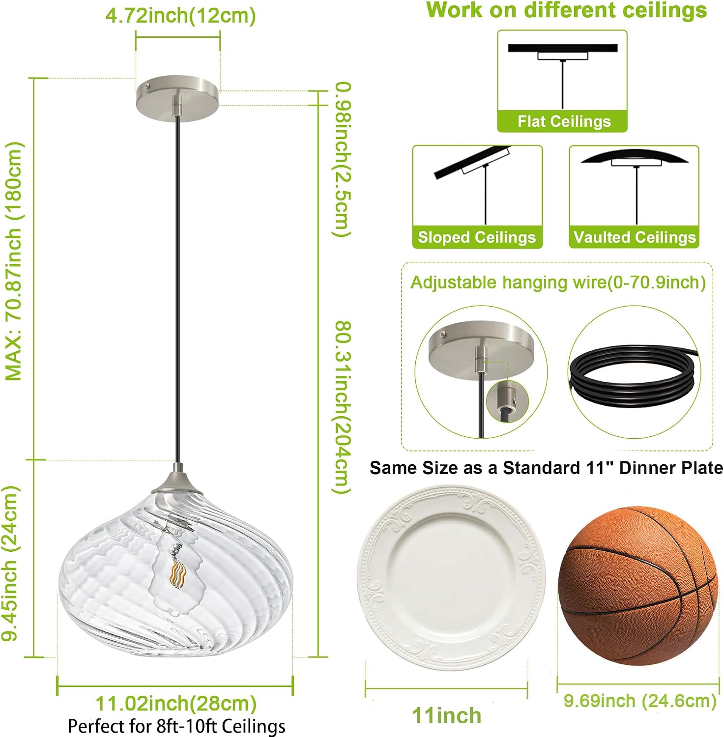11in Nickel Pendant Lights Kitchen Island with Clear Glass Shade 2Pack | Handcrafted Glass Pendant Light Fixtures, UL Certified, E26 Base 100W Max, Height-Adjustable, Dimmable Hanging Pendant Light