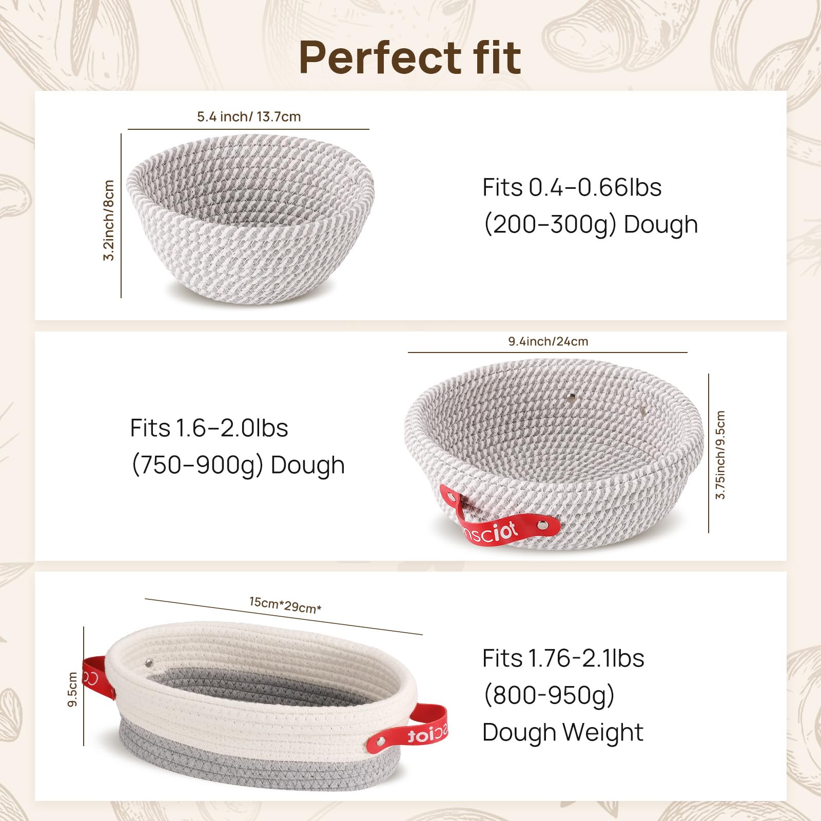 Sauerteig Starter Kit 5 Banneton, Consciot Baumwolle Seil Brot Proofing Korb Set, Sauerteig Brot Backwaren, Runde & Oval Brot Körbe Mit Liner & Abdeckungen Geschenk für Bäcker Frauen