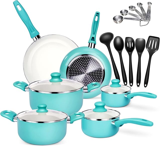 Masthome Pots and Pans Set, 6 Piece Non-Stick Cookware Set with Ceramic Coating & Glass Lids, Includes 2 Aluminum Frying Pans, 2 Saucepans, 2 Soup Pot - Induction Safe