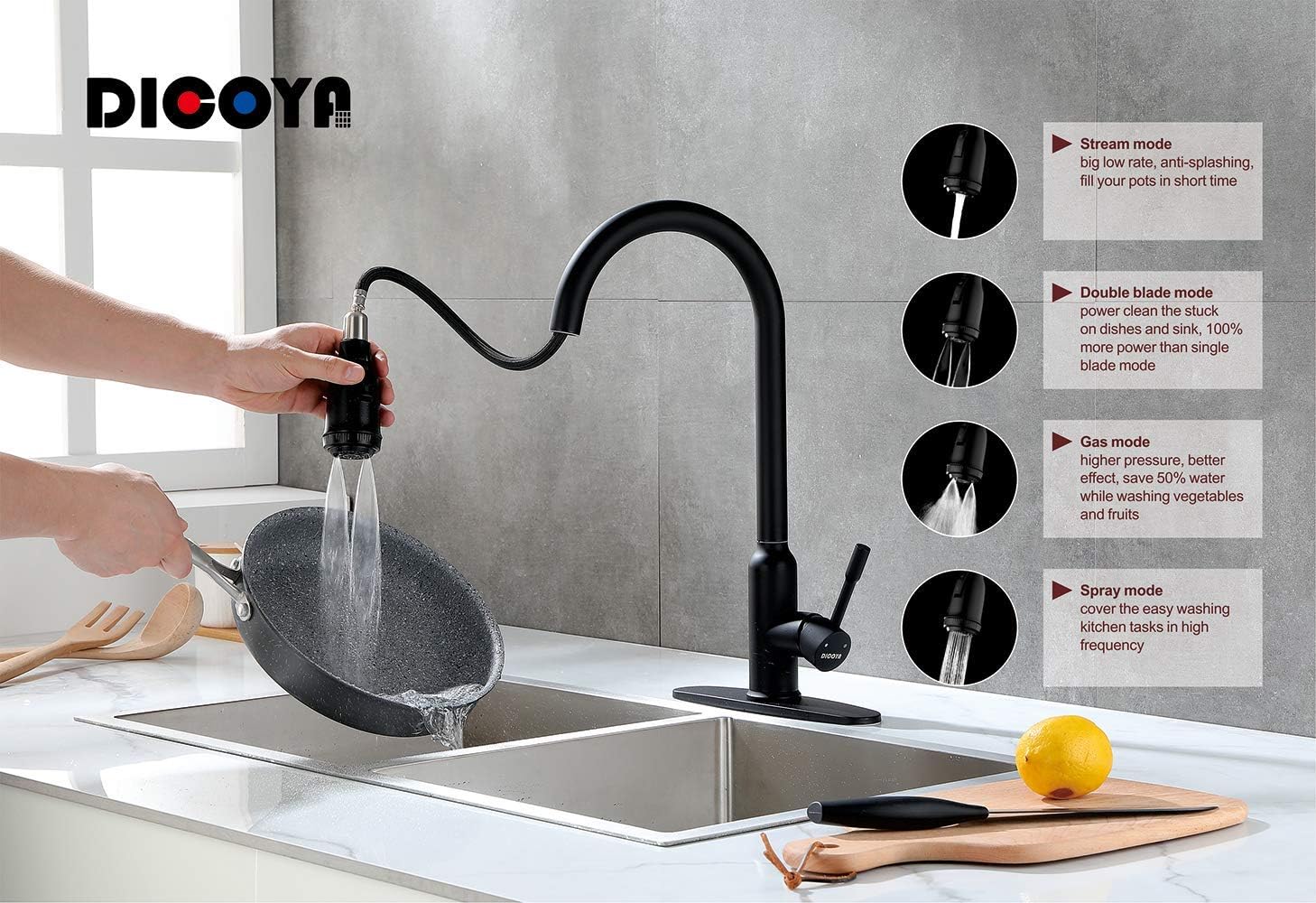 Creative Product DICOYA Kitchen Sink Faucet, 4 Function Sprayer, Power Rinsing, Easy Clean, Water Saving, 304 Stainless Steel Kitchen Faucets, Single Lever, ,Gooseneck, High Arc, with Escutcheon, Brushed Nickel Greatest Product DICOYA Kitchen Sink Faucet, 4 Function Sprayer, Power Rinsing, Easy Clean, Water Saving, 304 Stainless Steel Kitchen Faucets, Single Lever, ,Gooseneck, High Arc, with Escutcheon, Brushed Nickel