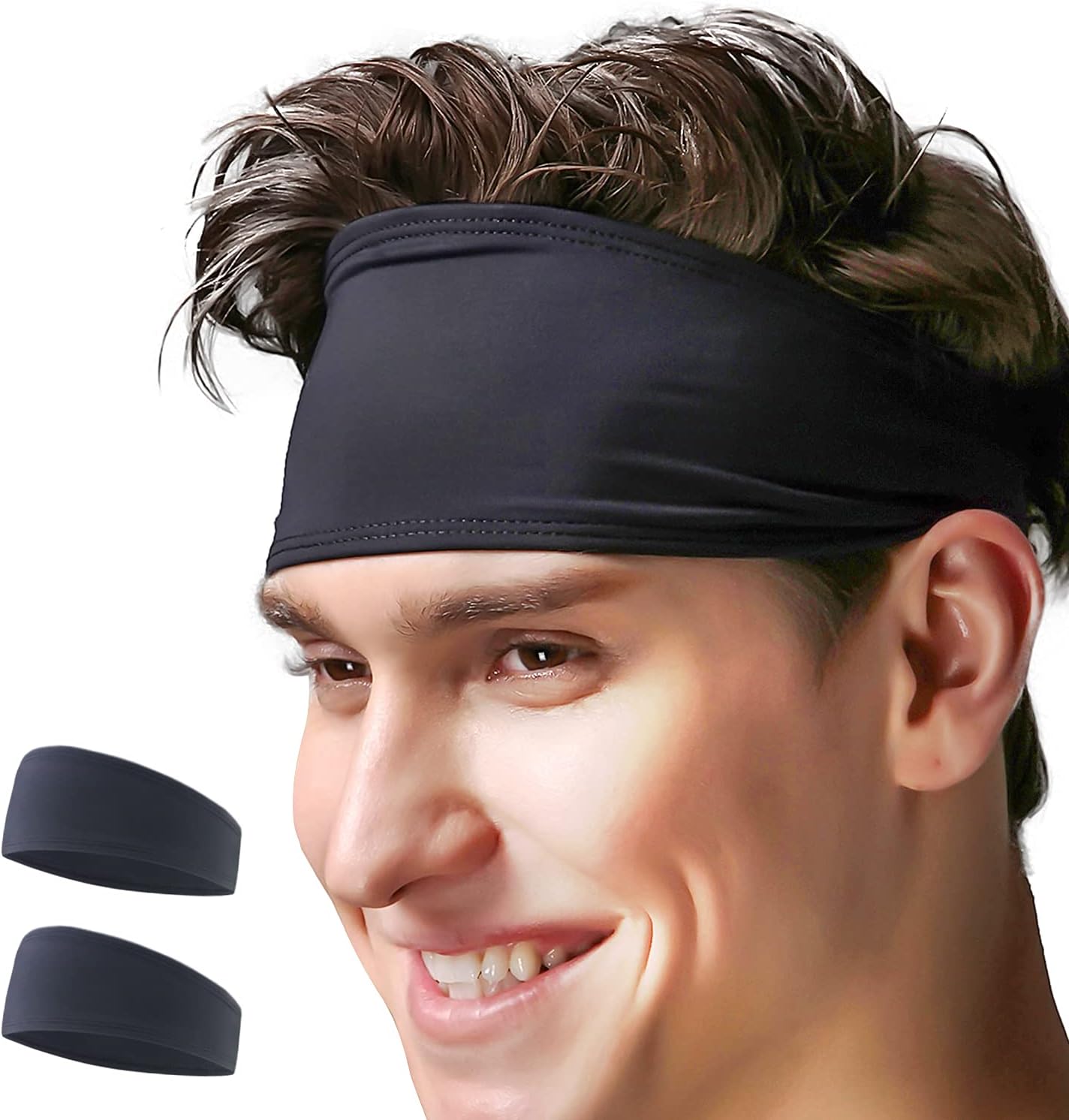 VIMOV Mens Headband - Sports Sweatband for Running, Cycling, Yoga, Basketball - Stretchy Moisture Wicking Hairband, 2 Pack