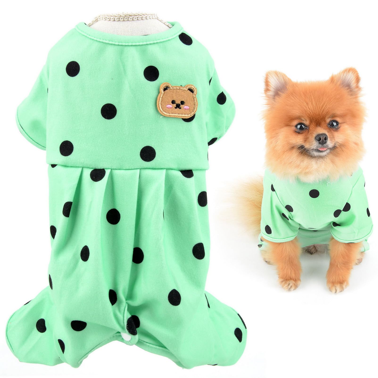 SMALLLEE_LUCKY_STORE Small Dog Clothes Cute Retro Dots Puppy Pajamas Pjs Belly Cover Cat Pyjamas Stretchy Jumpsuit Warm Sleepwear Outfits for Yorkie Chihuahua,Green,M