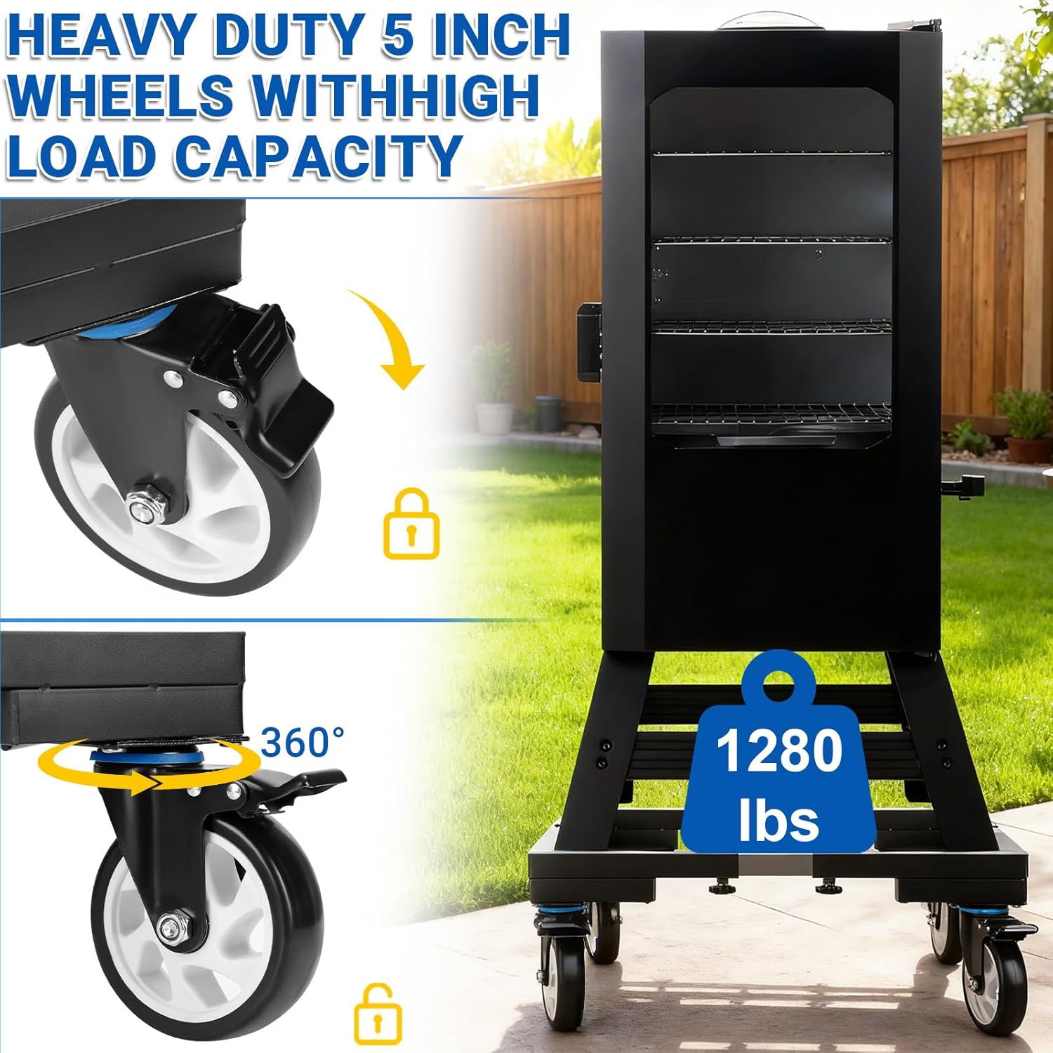 8.5 Inch Height All Steel Smoker Stand, 5 Inch Casters Wheels with 1280lbs Capacity, Universal Mobile Stand for Vertical&Digital Electric Smoker