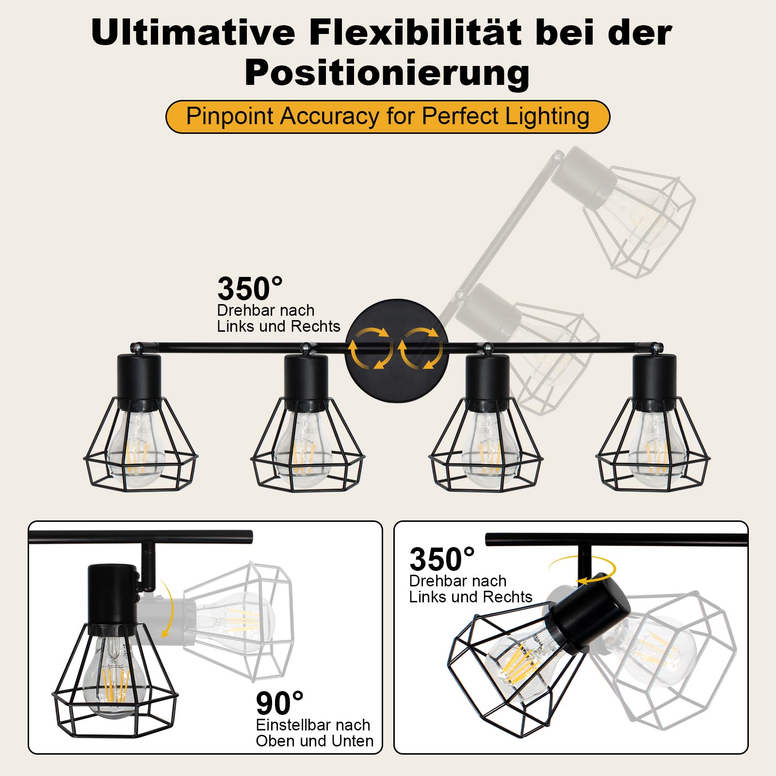 Plafoniera Faretti, 4 faretti da soffitto a Led Interni Base E27, plafoniera girevole a 350° LED, plafoniera, lampada da soffitto per camera da letto, corridoio, max 60 W (senza lampadina)