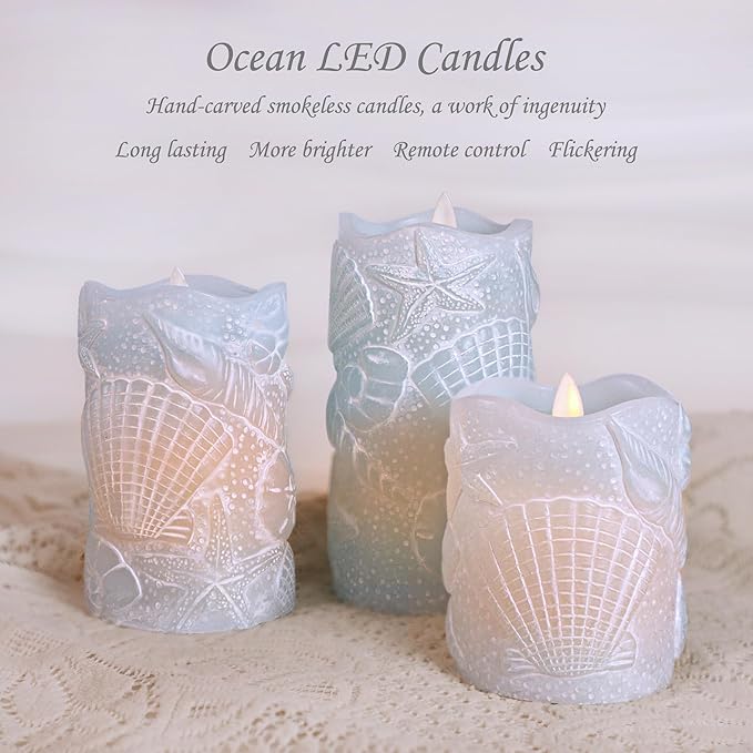 Silverstro Silverstro Ocean Flameless Candles Remote Carved Seashell Real Wax Flicker Battery Operated Candles for Home Party Wedding Nautical Thanksgiving Christmas Easter Decor - Set of 3(Blue) photo 6