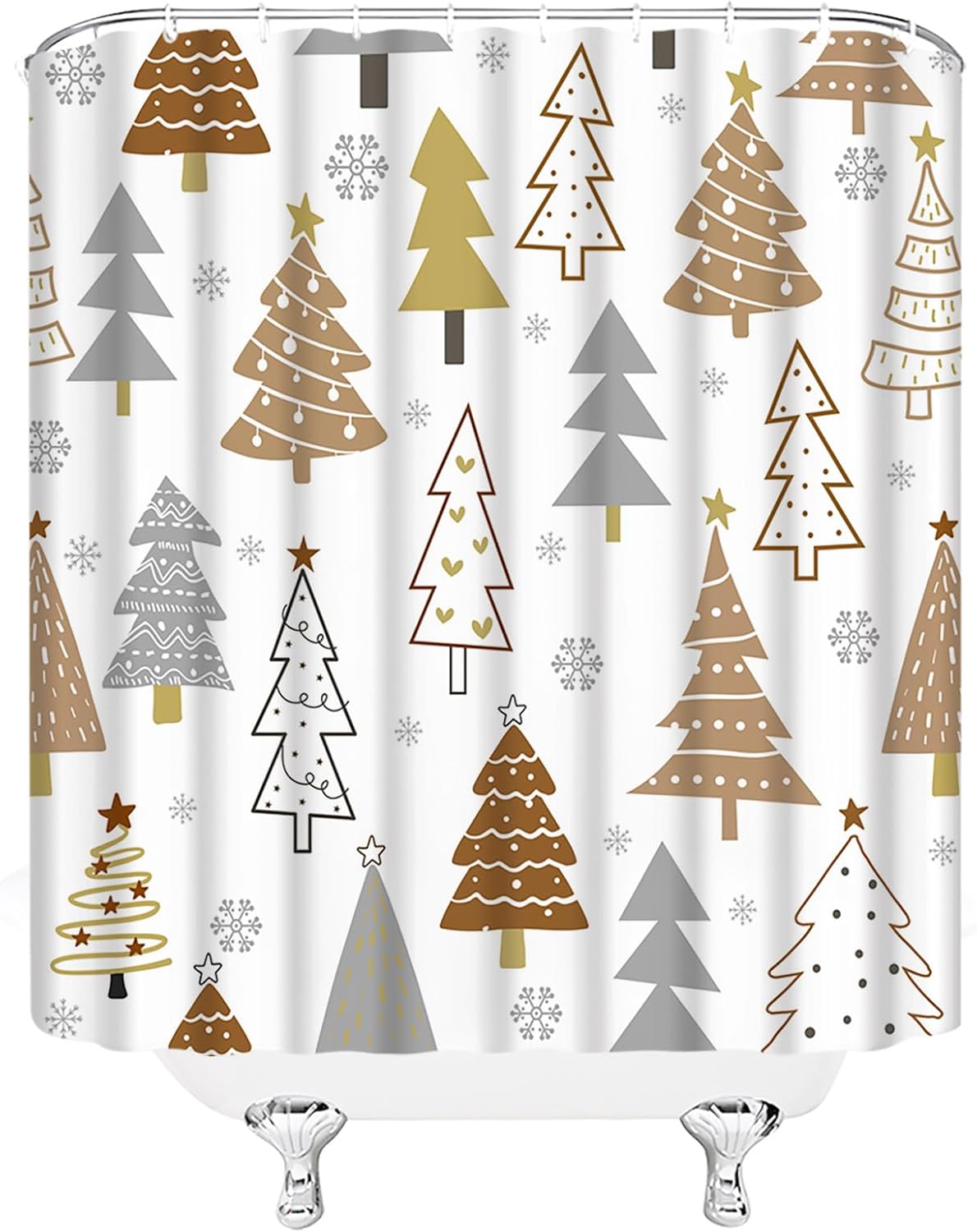 Christmas Tree Shower Curtain Brown Xmas Tree Abstract Pine Cartoon Snowflake Winter Holiday Bathroom Decor Curtain with Hooks,Brown White