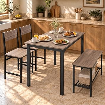 Rectangular Dining Table Set for 4, Space Saving Kitchen Table with Bench and Chairs, Bench Seat with Storage Rack, 4 Pieces Dinette Table Set for Small Spaces, Apartment, Restaurant