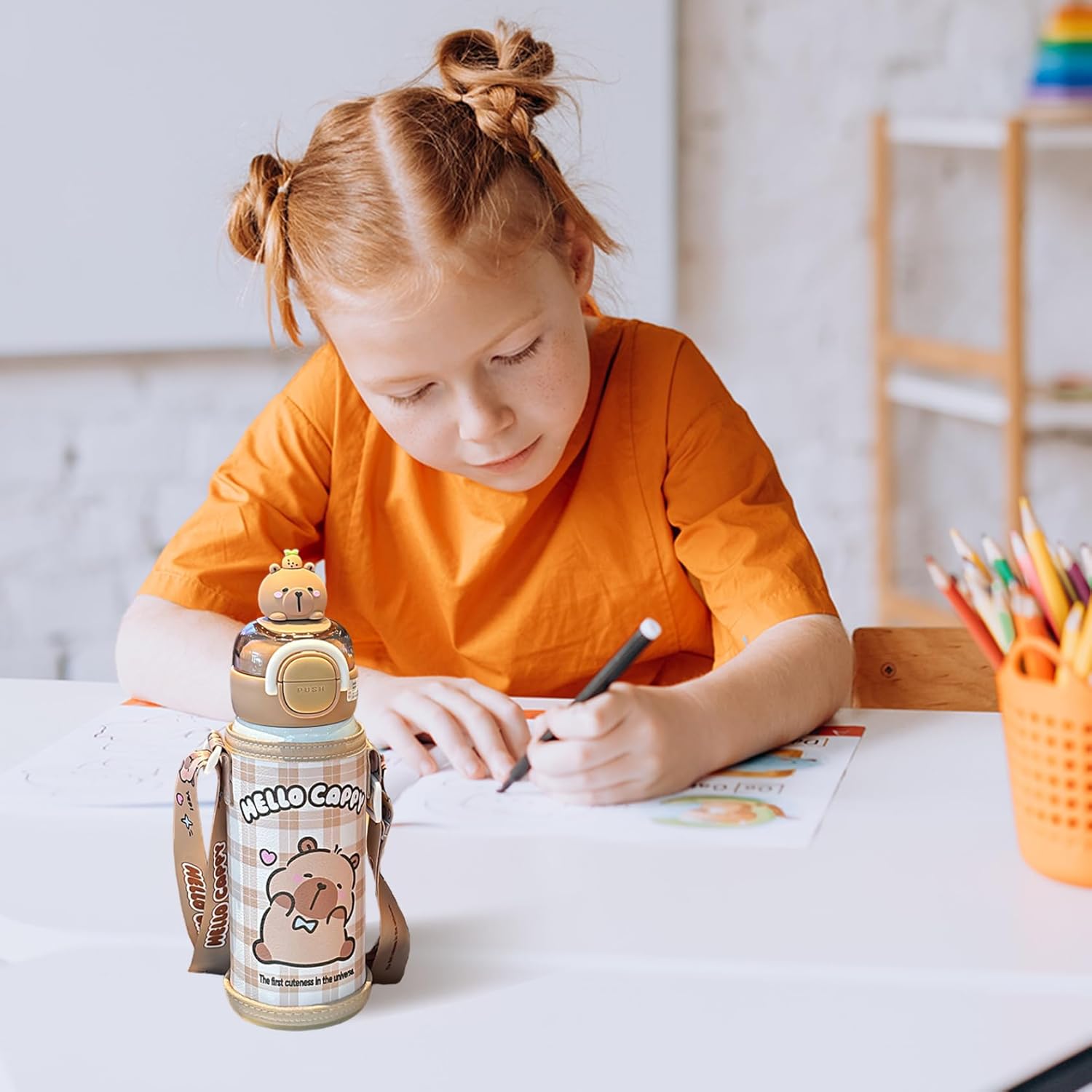 Capybara Water Bottle with Lid & Straw 520ml Stainless Steel Cute Water Bottle Portable Drinking Cup with Cup Sleeve and Strap for Office School Travel Girls