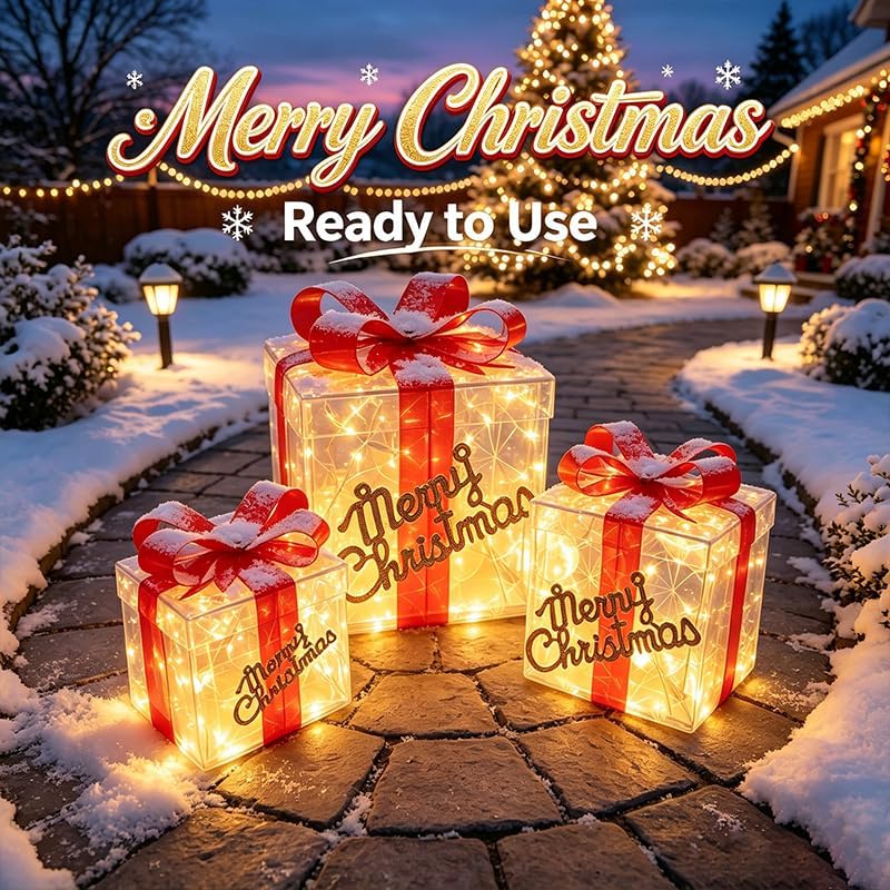 Christmas Gift Boxes Lighted Outdoor Porch Decor Red Bows Light Up Set of 3 — 사진 3