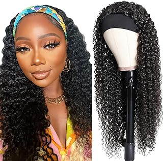 Deep Wave Headband Wig Human Hair 20 Inch Curly Headbands Wig Human Hair 1B | Glueless None Lace Front Curly Wigs for Black Women,150% Density Brazilian Virgin Natural Black, Beginner Friendly