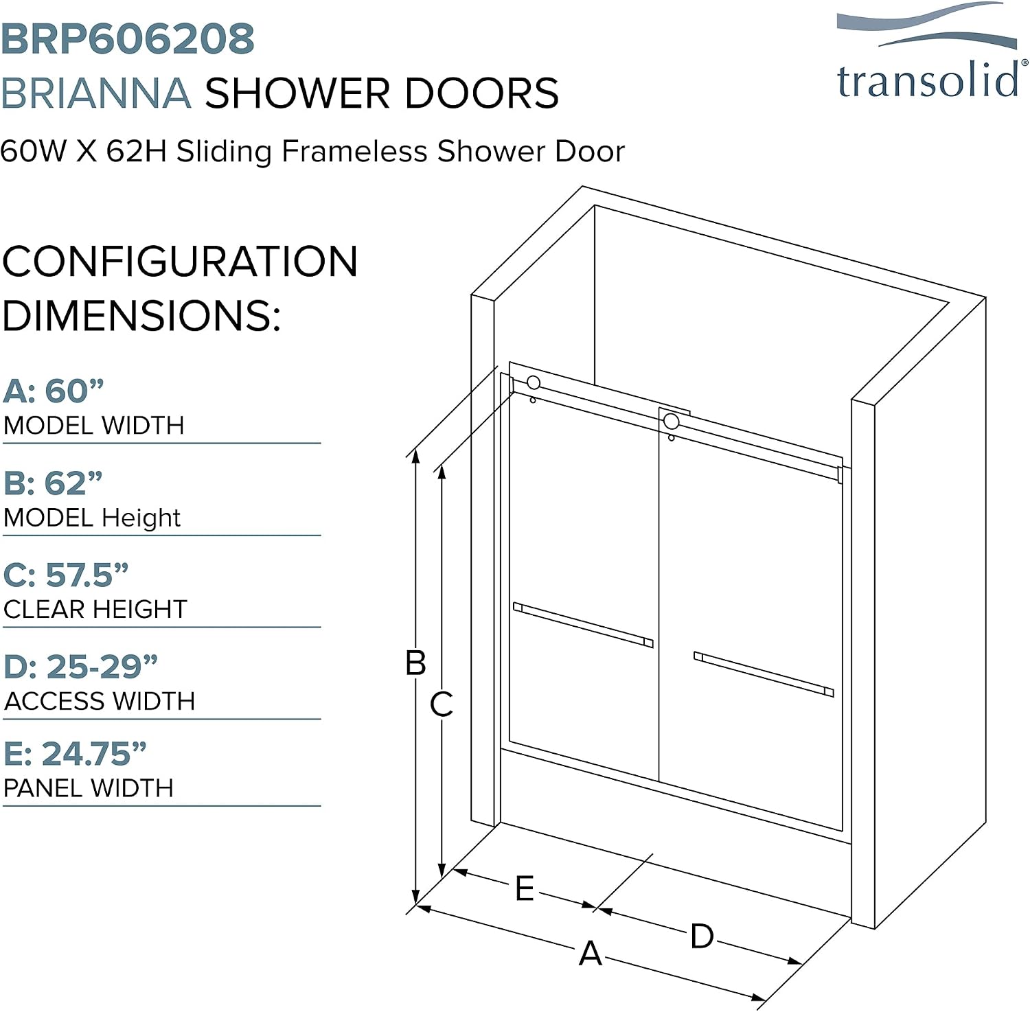 Transolid BRP606208C-T-BS Brianna 60 in. W x 62 in. H Frameless By-Pass Shower Door in Brushed Stainless Finish with Clear Glass and Turin Handles