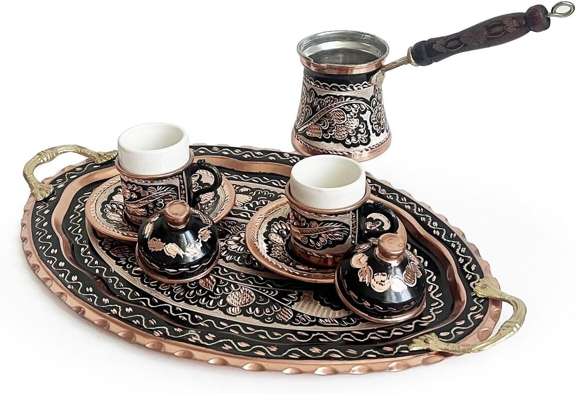 Turkish Coffee Presentation Set Erzincan Handcrafted Copper Traditional Serving Set Multi-Color One Size