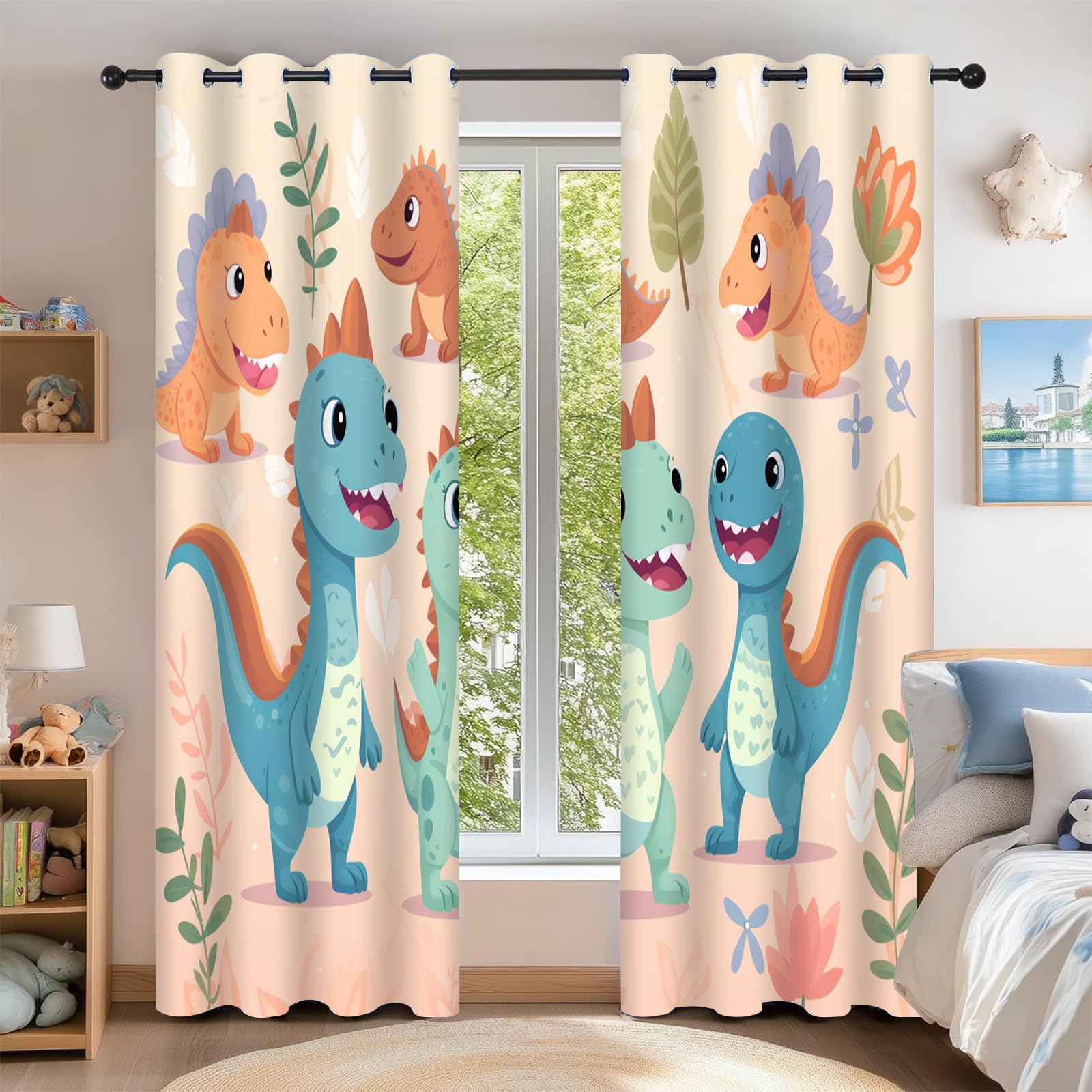 Rideau Occultant Dinosaure,Lot de 2 Rideaux Occultant Thermique Isolant à Oeillets,Garçon, Dessin Animé Decoration Chambre Salon Fenetre 140x160cm（LxH）