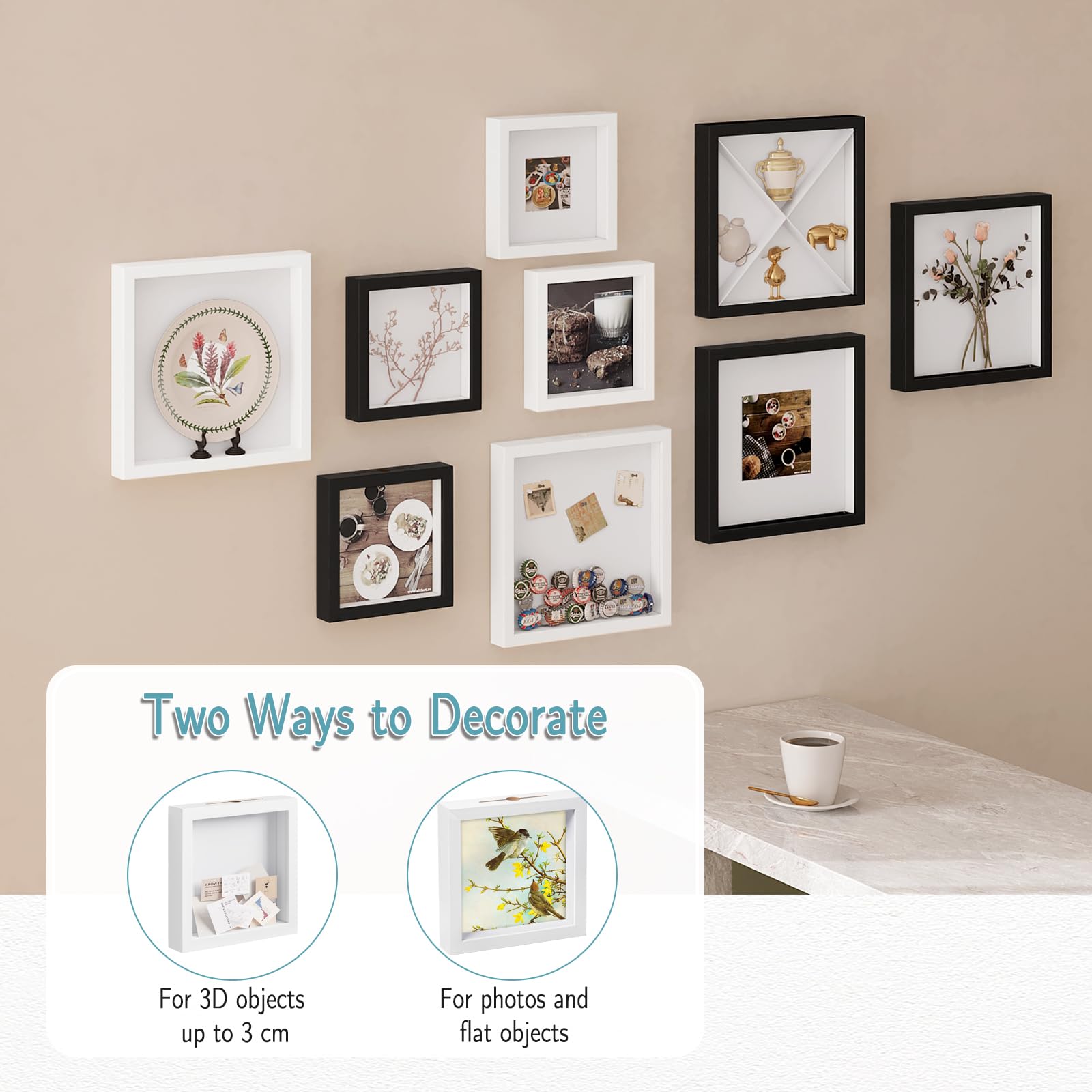 EUGAD Juego de 5 3D Marcos de Fotos Marcos con Profundidad 20x20cm, Marco de Objeto con Profundidad 3cm, Madera Marco para Colgar en la Pared o Escritorio, Blanco