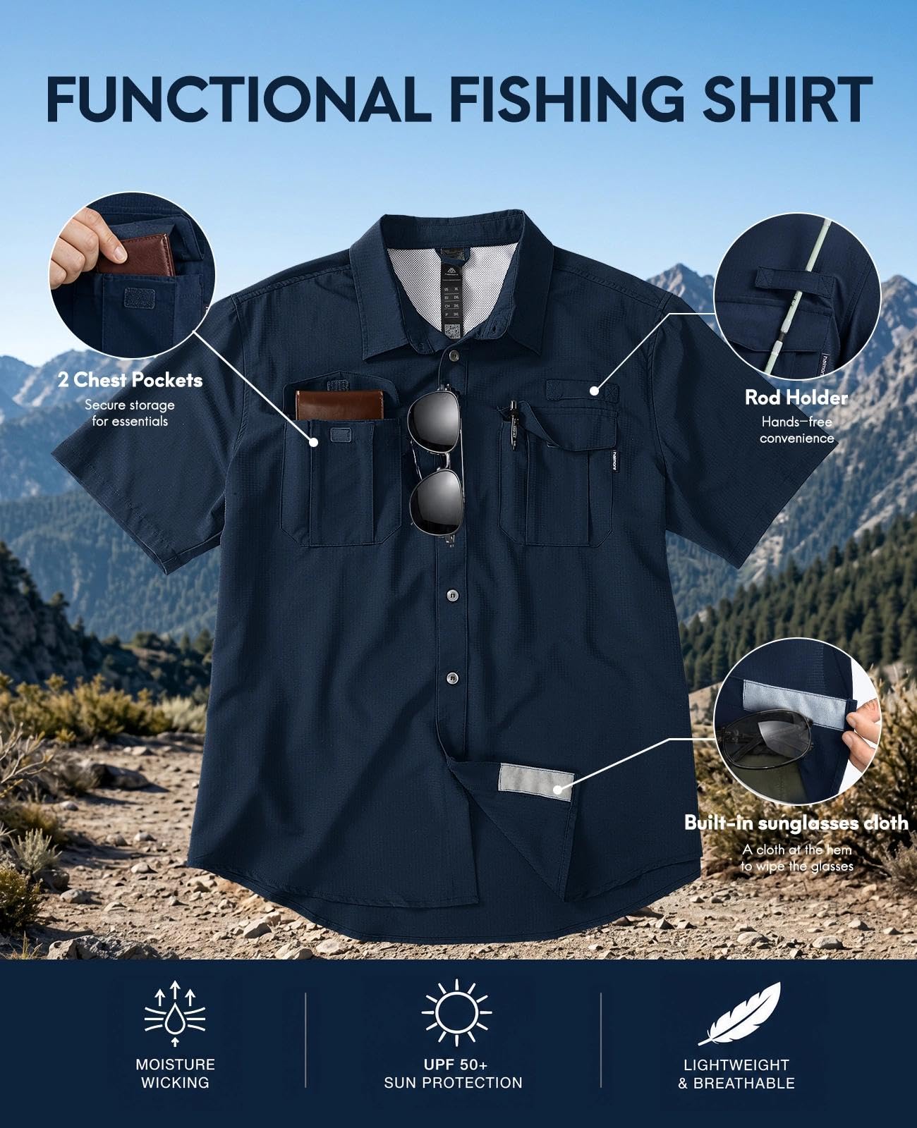 Haimont Camisa de protección solar para hombre, resistente al agua, manga corta, con botones, de secado rápido, para senderismo, pesca