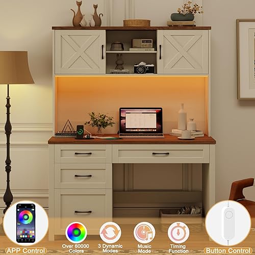 Miniatura 3 de Farmhouse - Escritorio ejecutivo de 67 pulgadas de alto con gabinete, 4 cajones y luz LED, escritorio para computadora con gabinete de