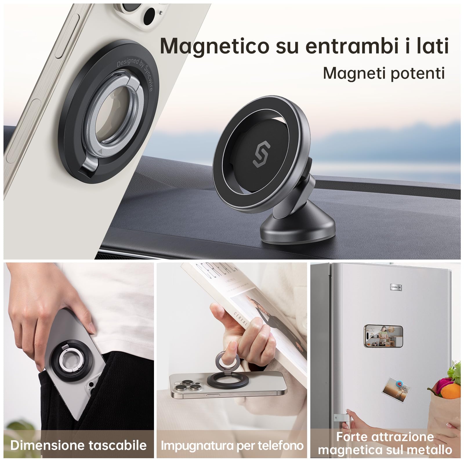 SYNCWIRE Supporto per Anello Magnetico per Telefono, Impugnatura per Telefono Portatile, Supporto per Telefono Regolabile per MagSafe Compatibile con iPhone 16/15/14/13/12 e Tutti i Telefoni