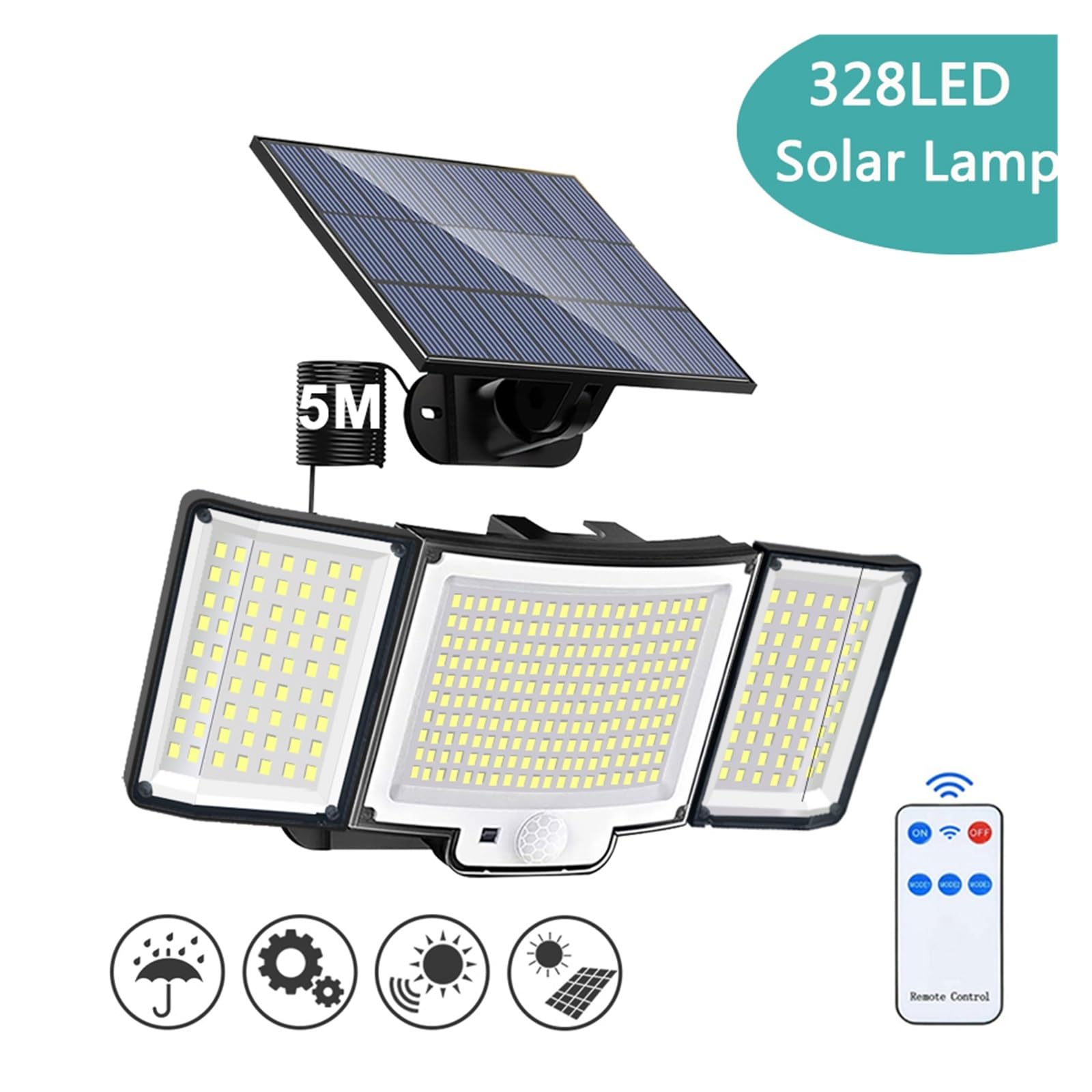 Focos solares LED 328 LED Lámpara Solar Al Aire Libre 128 Lámpara De Pared IP65 Focos Impermeables Lámpara Sensor De Movimiento Solar 3 Modos Luz De Calle Decoración De Jardín El ahorro de energía ( C
