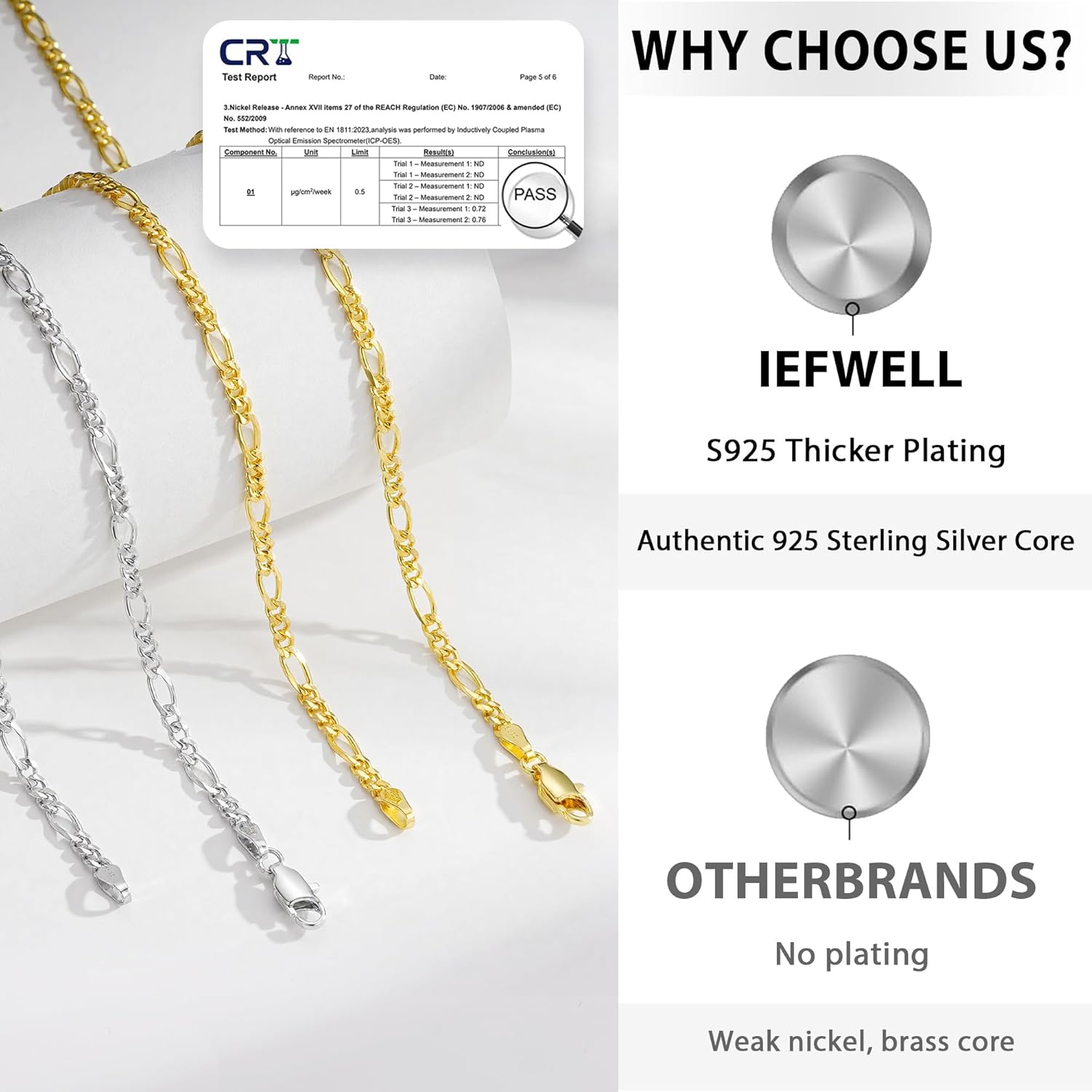 IEFWELL 14K-Real-Gold-Over S925 Sterling Silver Figaro Chain Bracelet for Women, 3mm Sterling Silver/Gold Figaro Link Chain Bracelet Sturdy Women Chain Bracelets, 6.5/7/7.5/8/8.5/9 Inches Jewelry Gift - Image 5